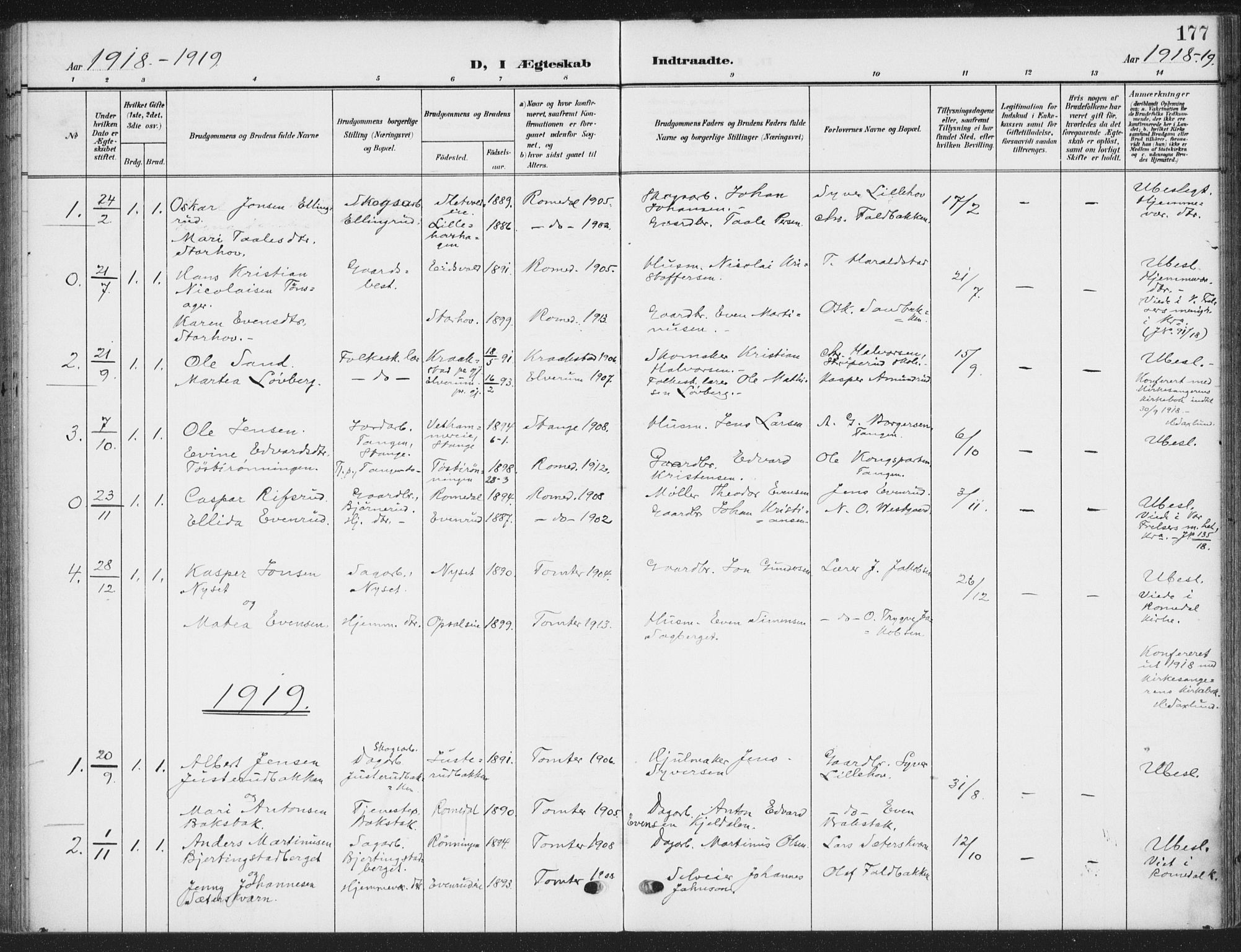 Romedal prestekontor, SAH/PREST-004/K/L0009: Parish register (official) no. 9, 1906-1929, p. 177