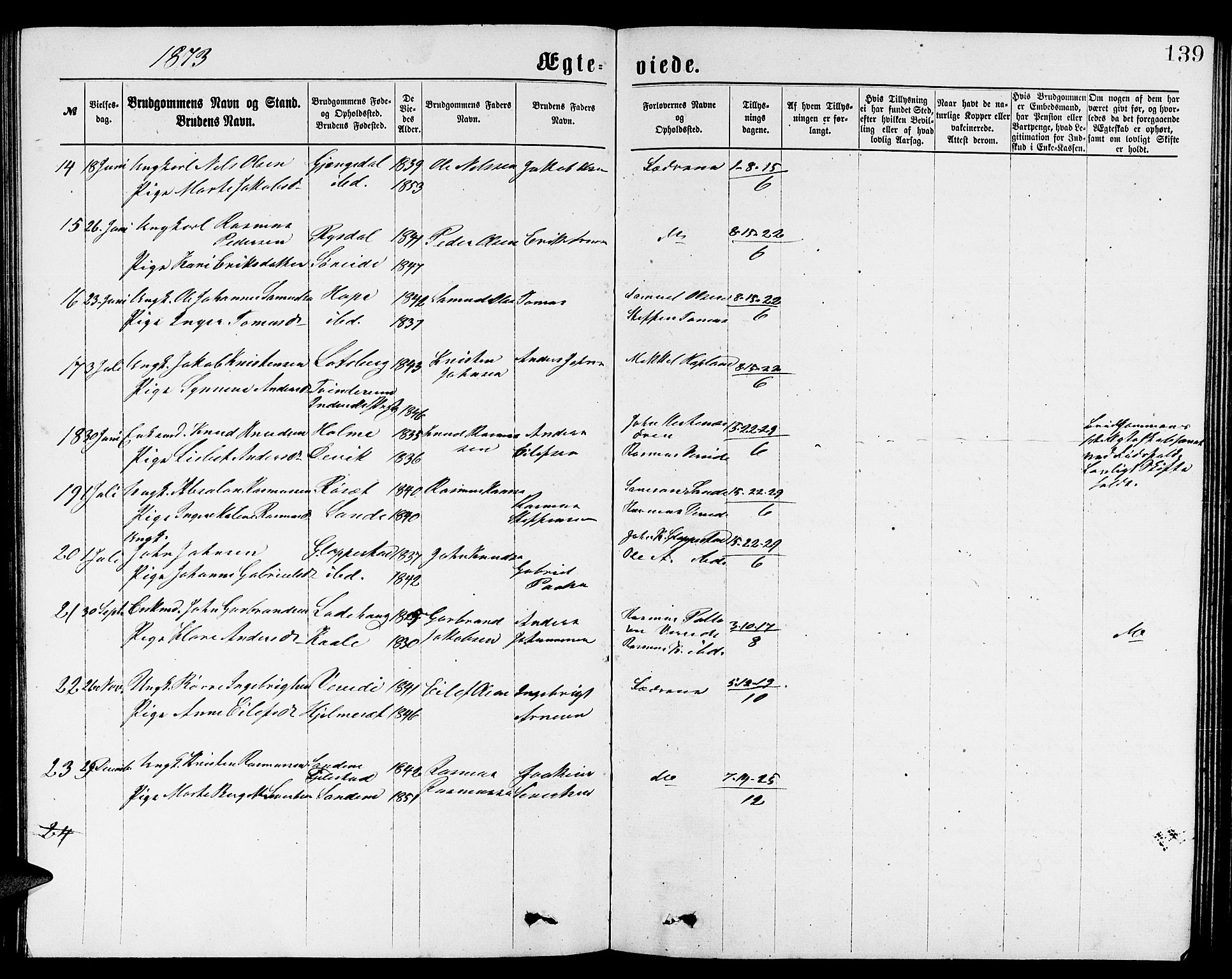 Gloppen sokneprestembete, SAB/A-80101/H/Hab/Habb/L0001: Parish register (copy) no. B 1, 1872-1888, p. 139