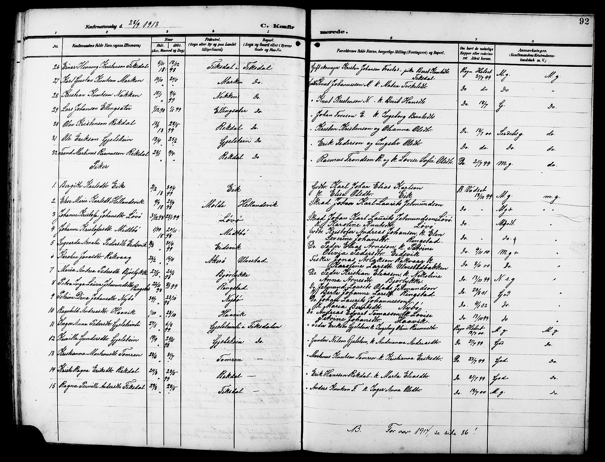 Ministerialprotokoller, klokkerbøker og fødselsregistre - Møre og Romsdal, AV/SAT-A-1454/525/L0377: Parish register (copy) no. 525C03, 1903-1917, p. 92