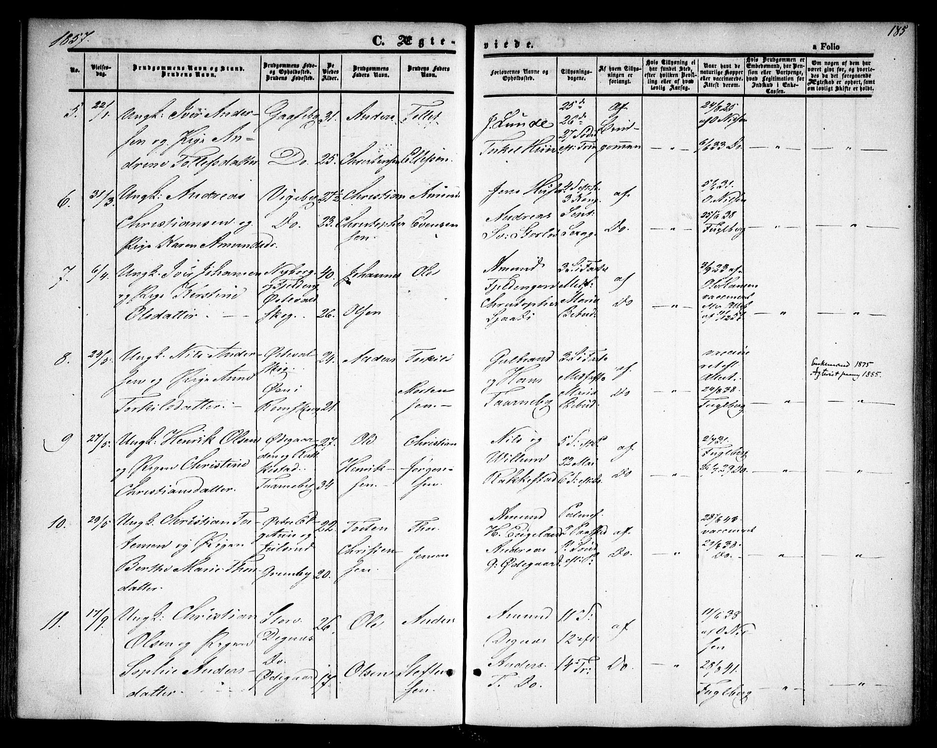 Rødenes prestekontor Kirkebøker, SAO/A-2005/F/Fa/L0006: Parish register (official) no. I 6, 1850-1859, p. 185