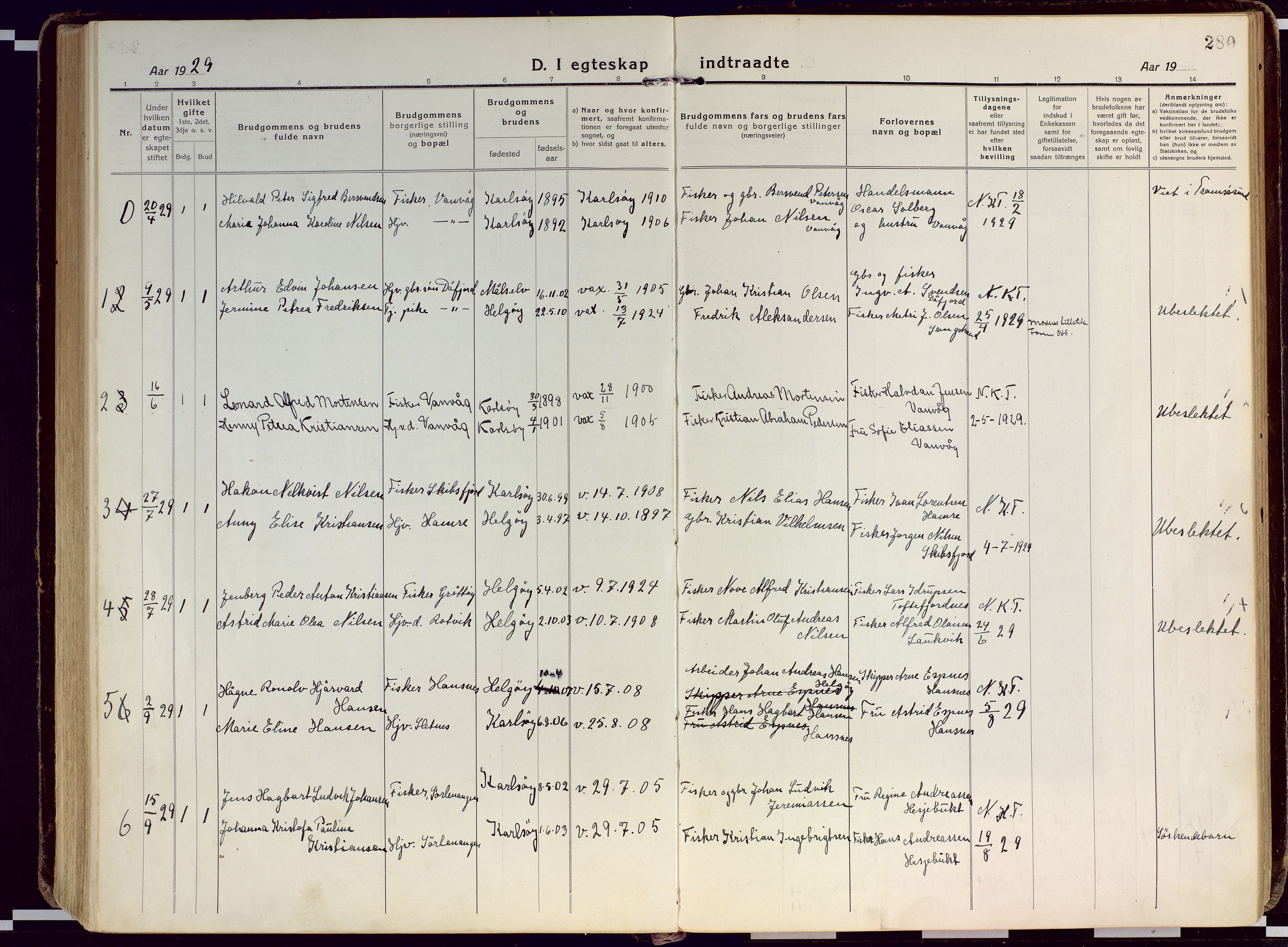 Karlsøy sokneprestembete, AV/SATØ-S-1299/H/Ha/Haa/L0015kirke: Parish register (official) no. 15, 1918-1929, p. 280