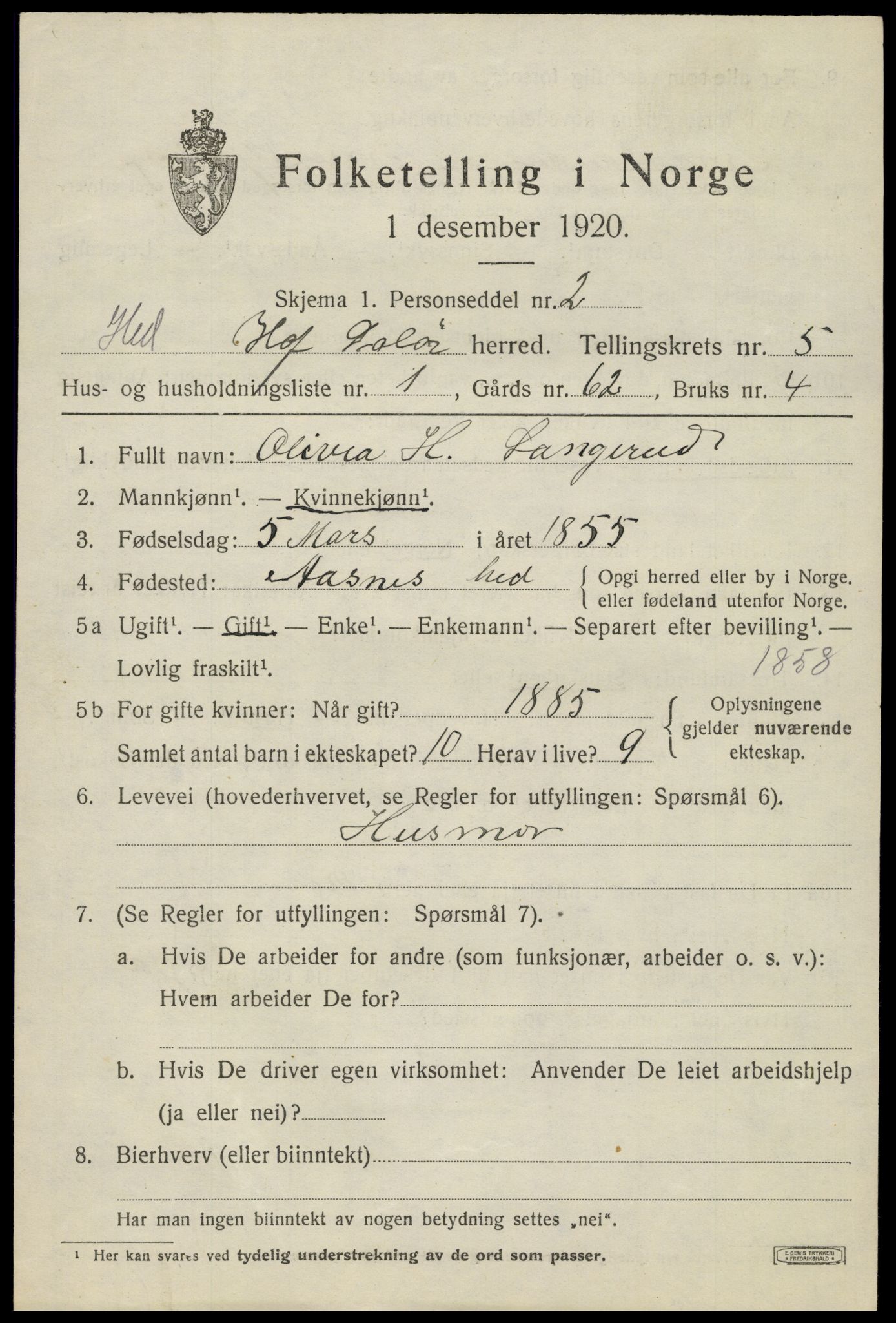 SAH, 1920 census for Hof, 1920, p. 7103