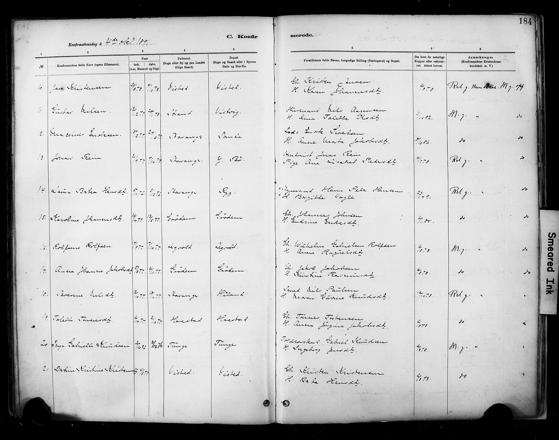 Hetland sokneprestkontor, AV/SAST-A-101826/30/30BA/L0009: Parish register (official) no. A 9, 1882-1918, p. 184