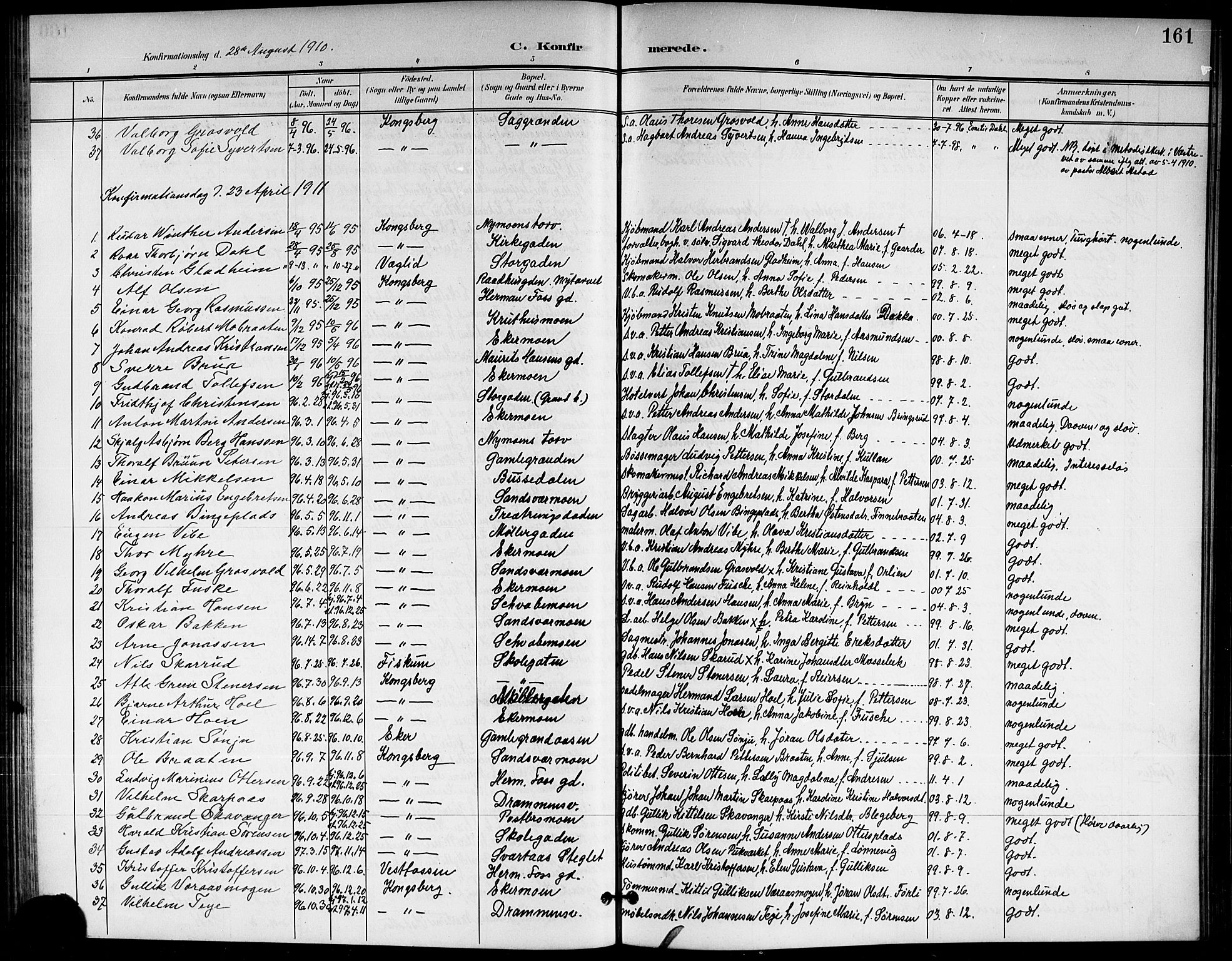 Kongsberg kirkebøker, AV/SAKO-A-22/G/Ga/L0007: Parish register (copy) no. 7, 1901-1915, p. 161