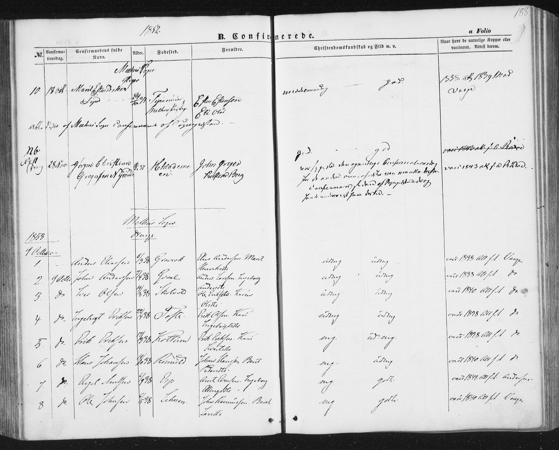 Ministerialprotokoller, klokkerbøker og fødselsregistre - Sør-Trøndelag, SAT/A-1456/691/L1076: Parish register (official) no. 691A08, 1852-1861, p. 188