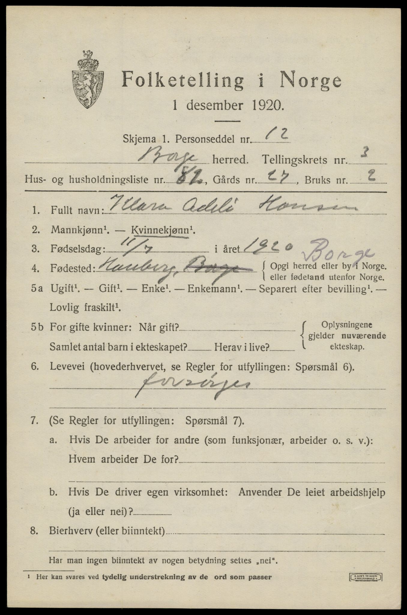 SAT, 1920 census for Borge, 1920, p. 4285