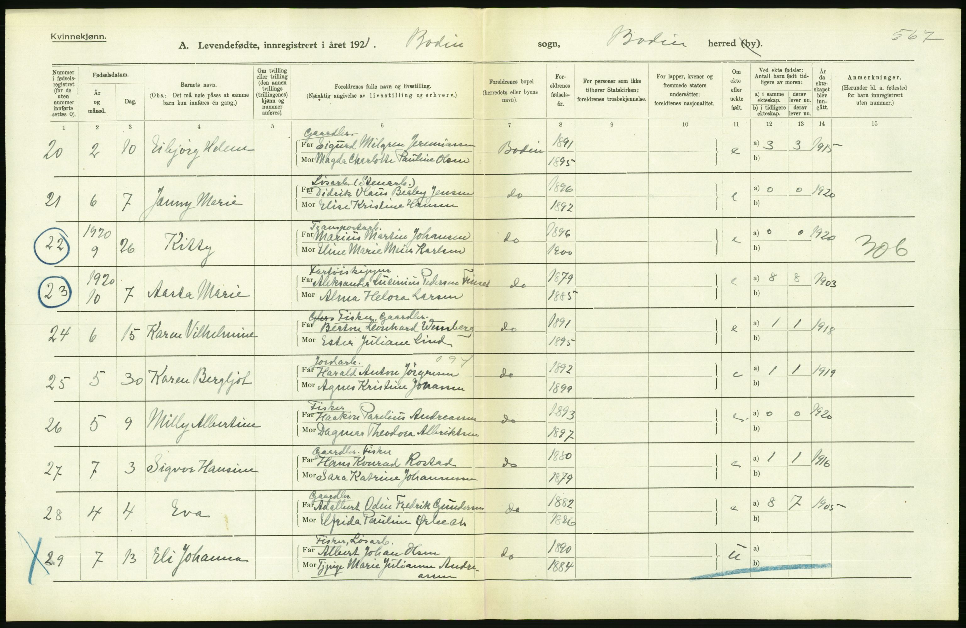 Statistisk sentralbyrå, Sosiodemografiske emner, Befolkning, AV/RA-S-2228/D/Df/Dfc/Dfca/L0049: Nordland fylke: Levendefødte menn og kvinner. Bygder., 1921, p. 174