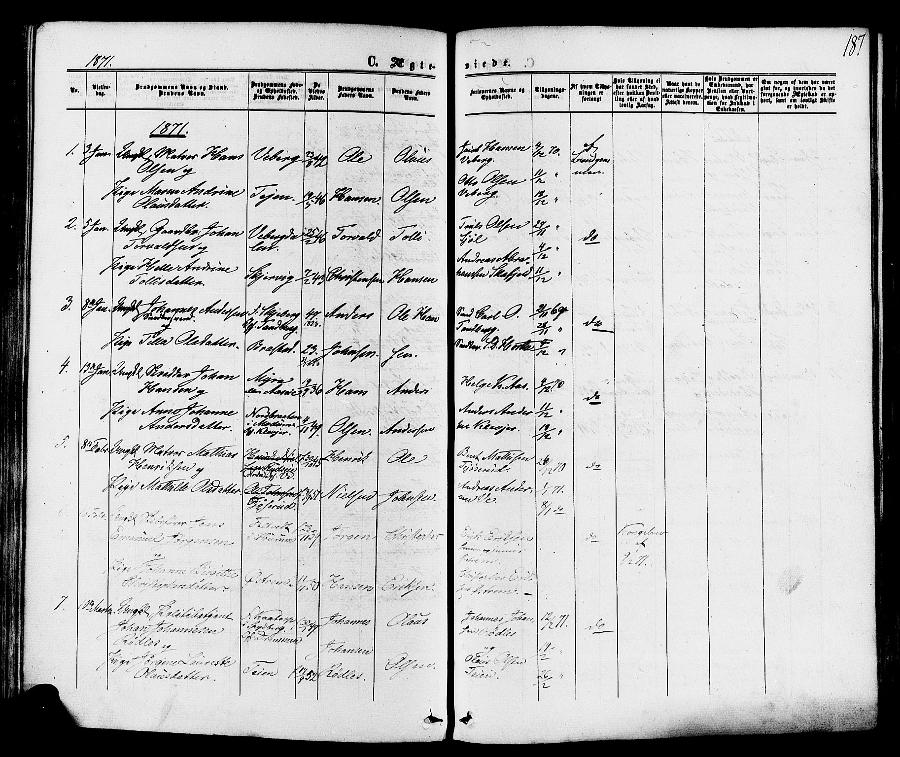 Sande Kirkebøker, AV/SAKO-A-53/F/Fa/L0005: Parish register (official) no. 5, 1865-1877, p. 187