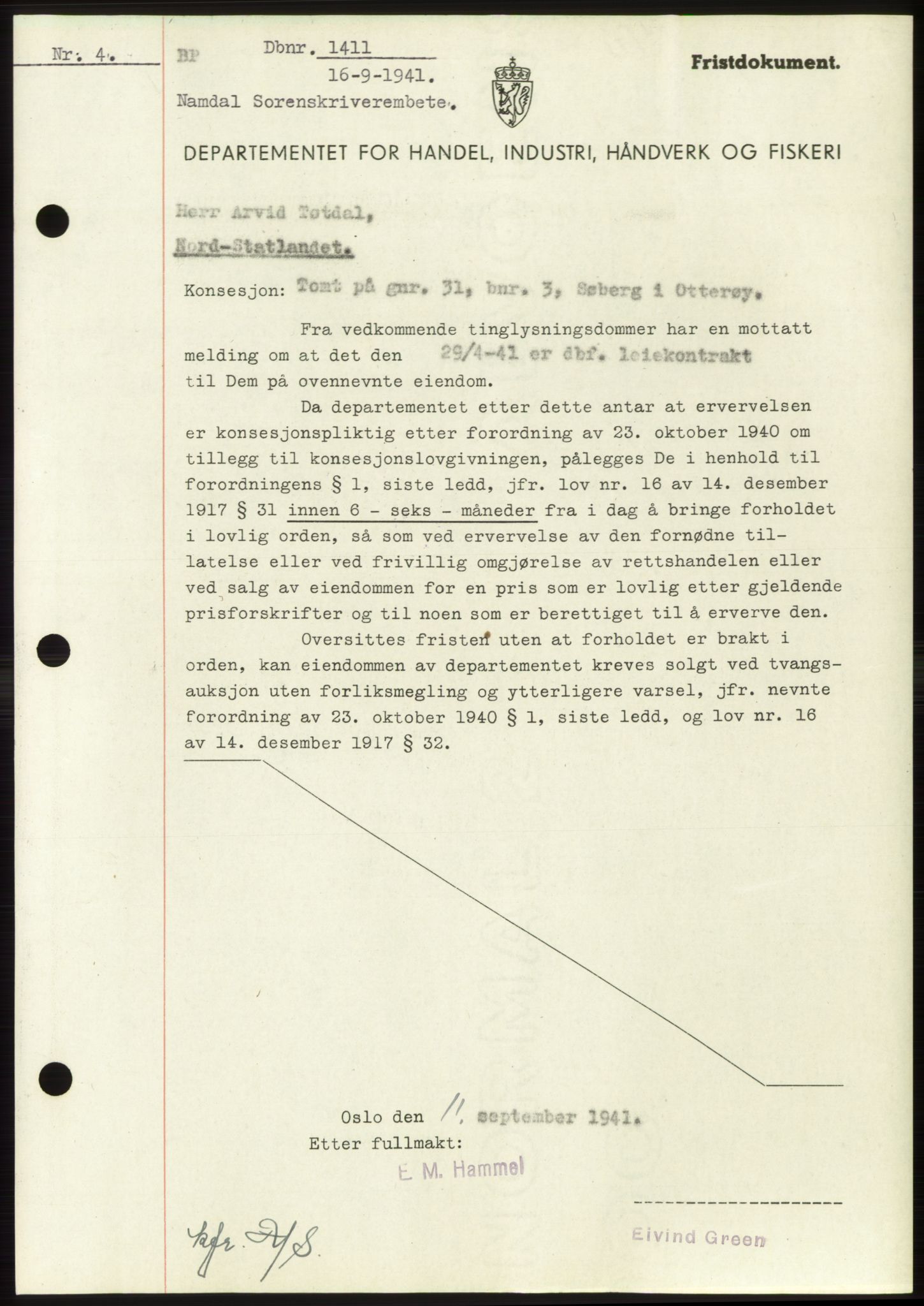 Namdal sorenskriveri, SAT/A-4133/1/2/2C: Mortgage book no. -, 1941-1942, Diary no: : 1411/1941