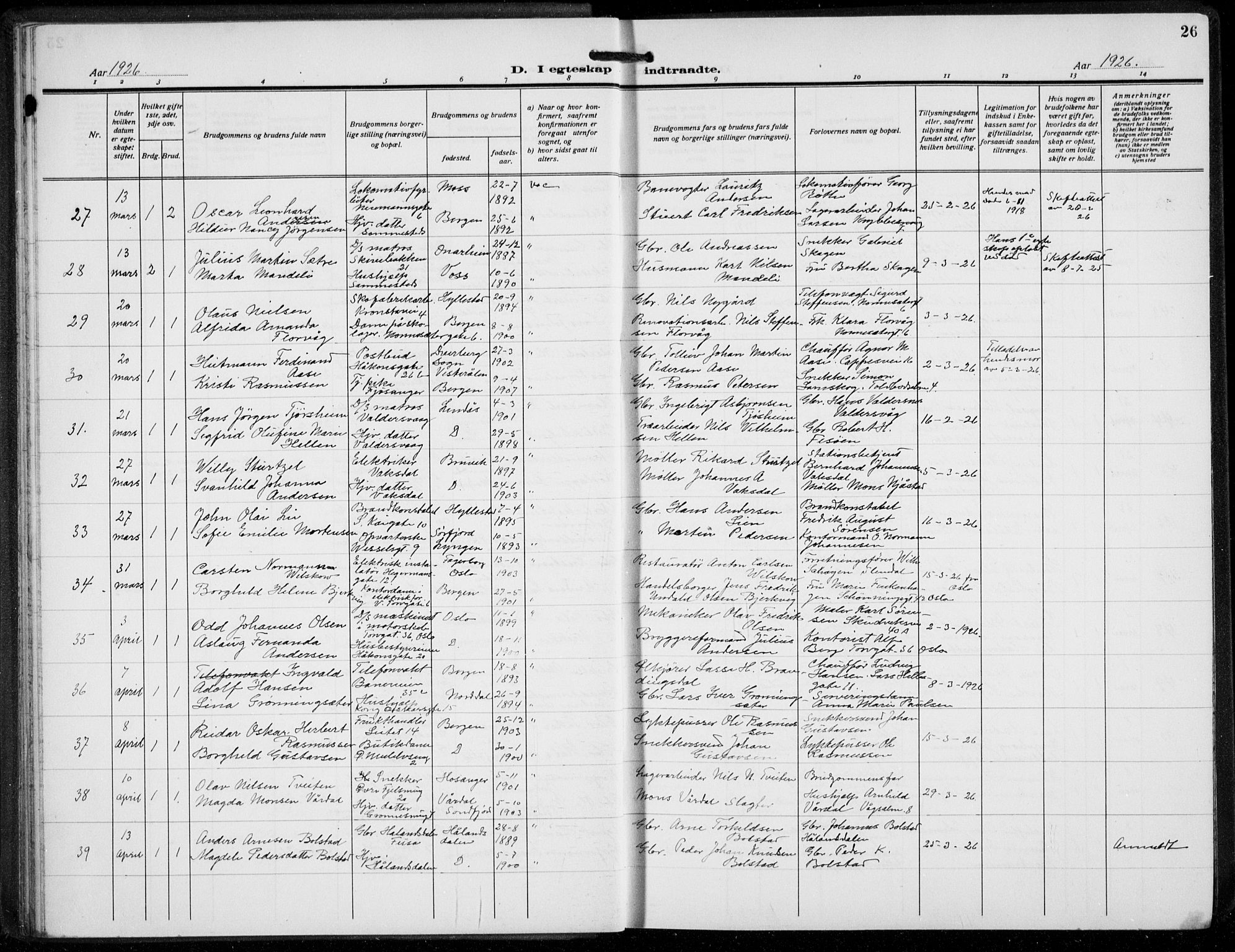 Domkirken sokneprestembete, AV/SAB-A-74801/H/Hab/L0034: Parish register (copy) no. D 6, 1924-1941, p. 26