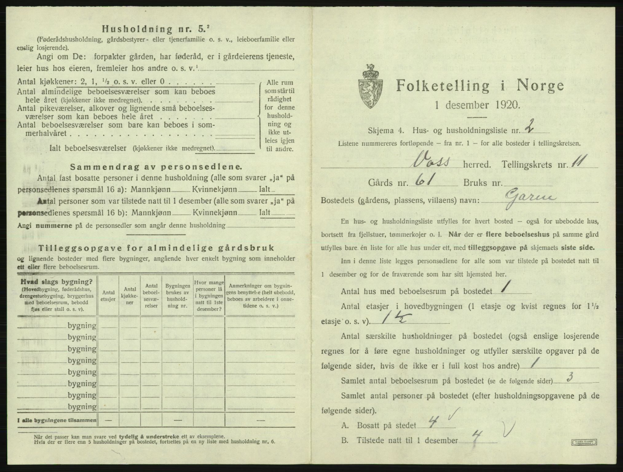 SAB, 1920 census for Voss, 1920, p. 1055