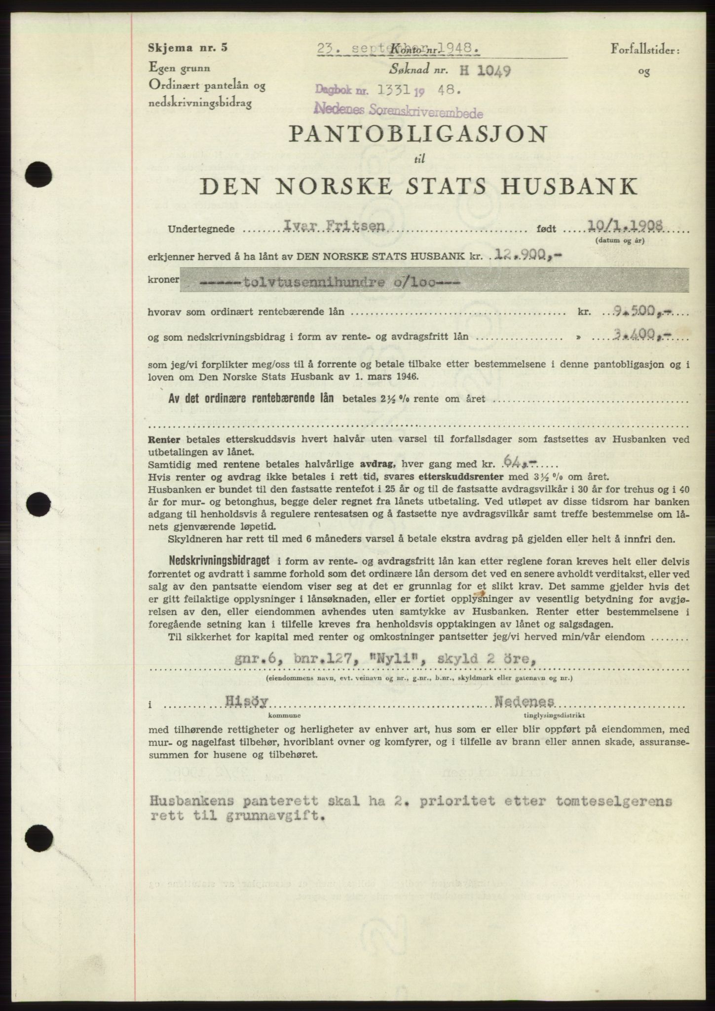 Nedenes sorenskriveri, AV/SAK-1221-0006/G/Gb/Gbb/L0005: Mortgage book no. B5, 1948-1948, Diary no: : 1331/1948