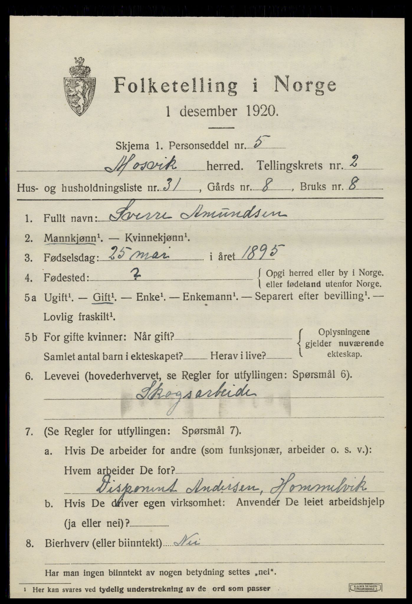 SAT, 1920 census for Mosvik, 1920, p. 850