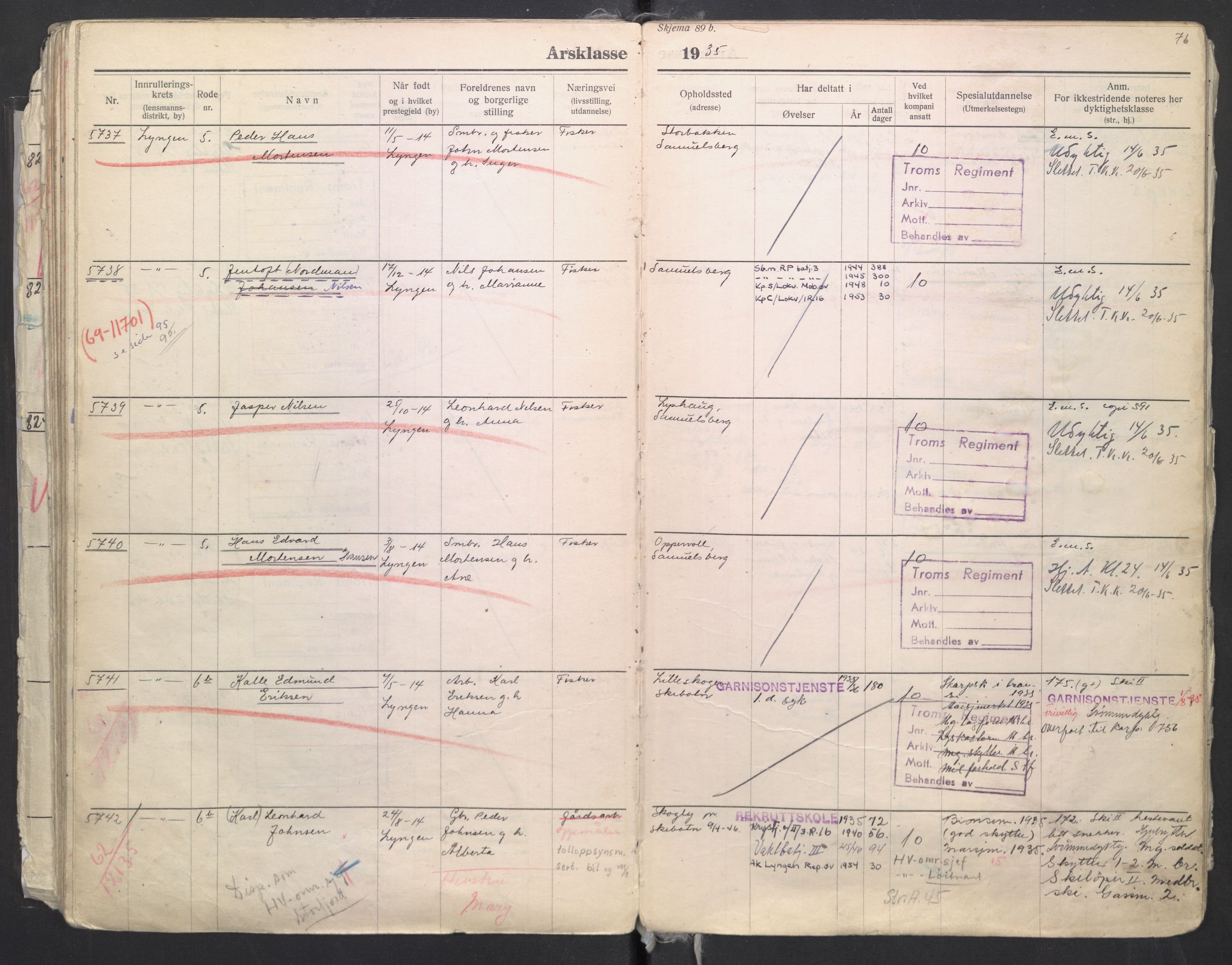 Forsvaret, Troms infanteriregiment nr. 16, AV/RA-RAFA-3146/P/Pa/L0006/0008: Ruller / Rulle for regimentets menige mannskaper, årsklasse 1935, 1935, p. 76