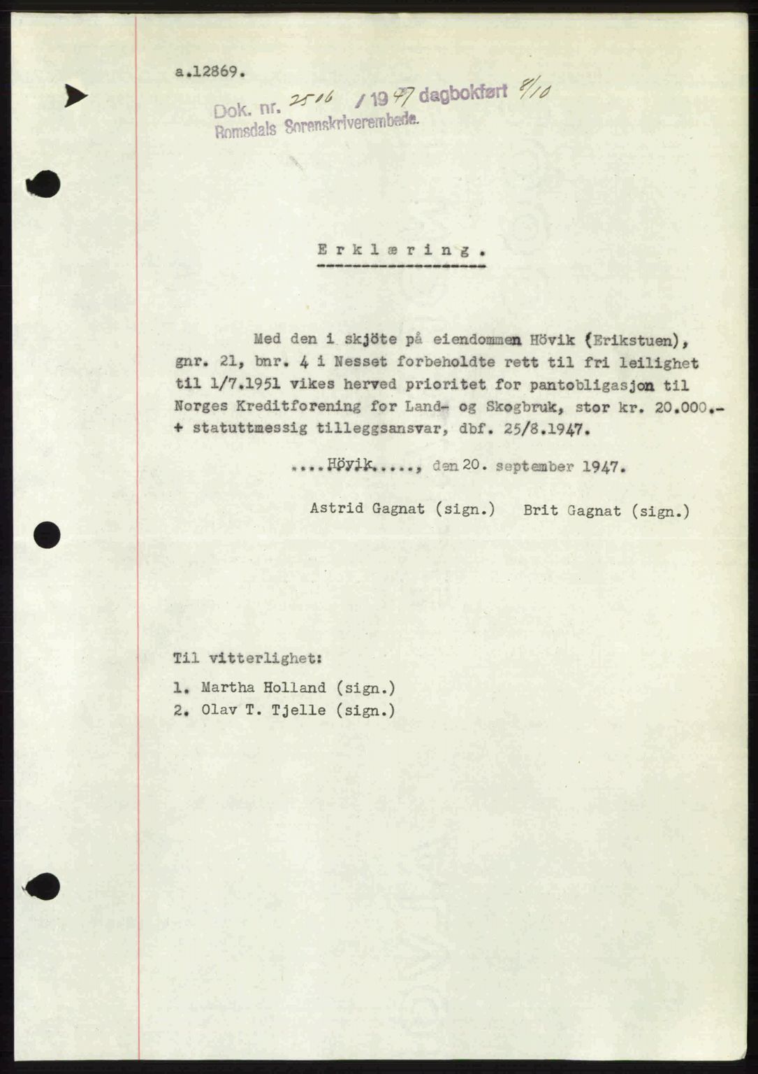 Romsdal sorenskriveri, SAT/A-4149/1/2/2C: Mortgage book no. A24, 1947-1947, Diary no: : 2506/1947