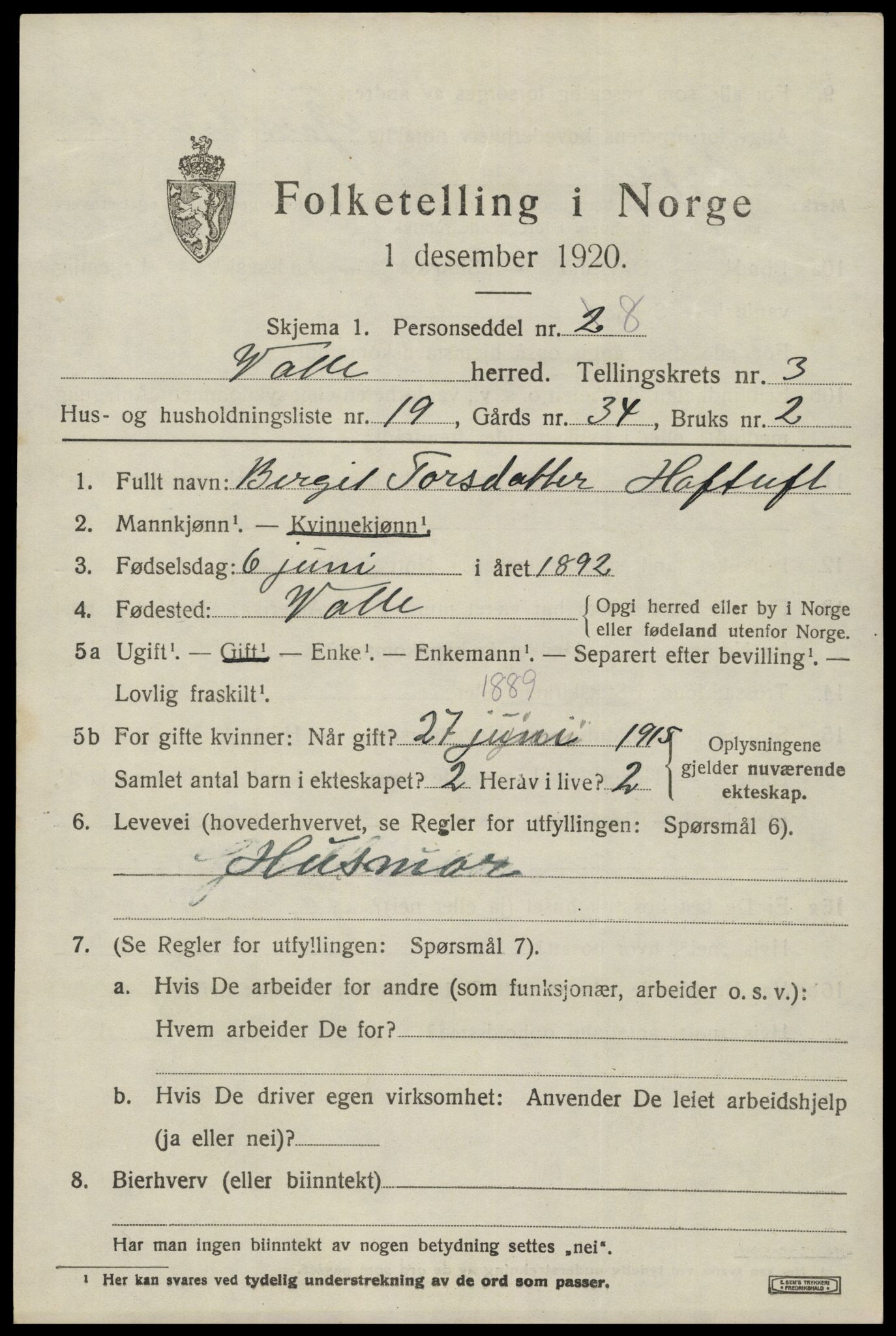 SAK, 1920 census for Valle, 1920, p. 1767