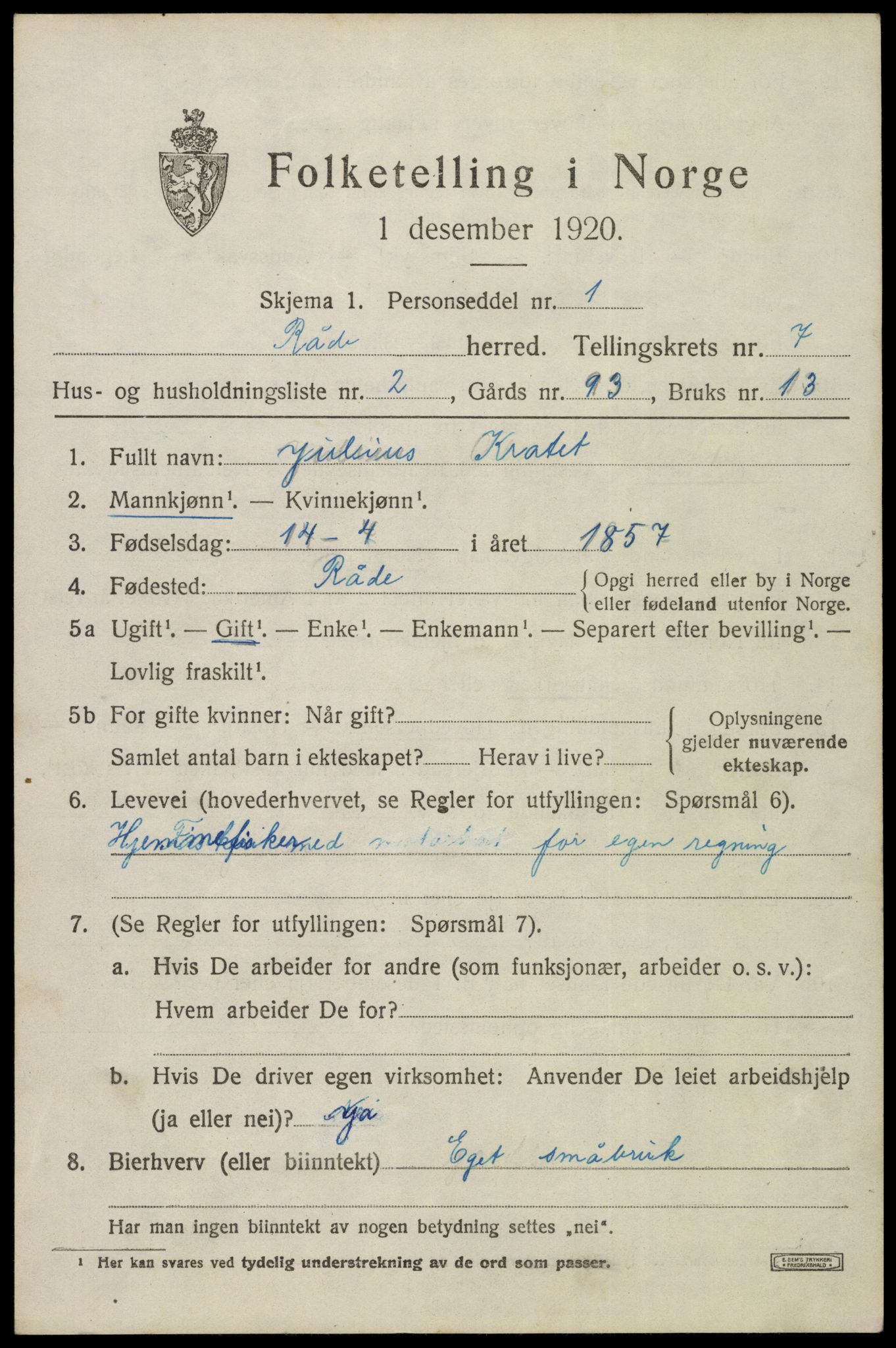 SAO, 1920 census for Råde, 1920, p. 6193