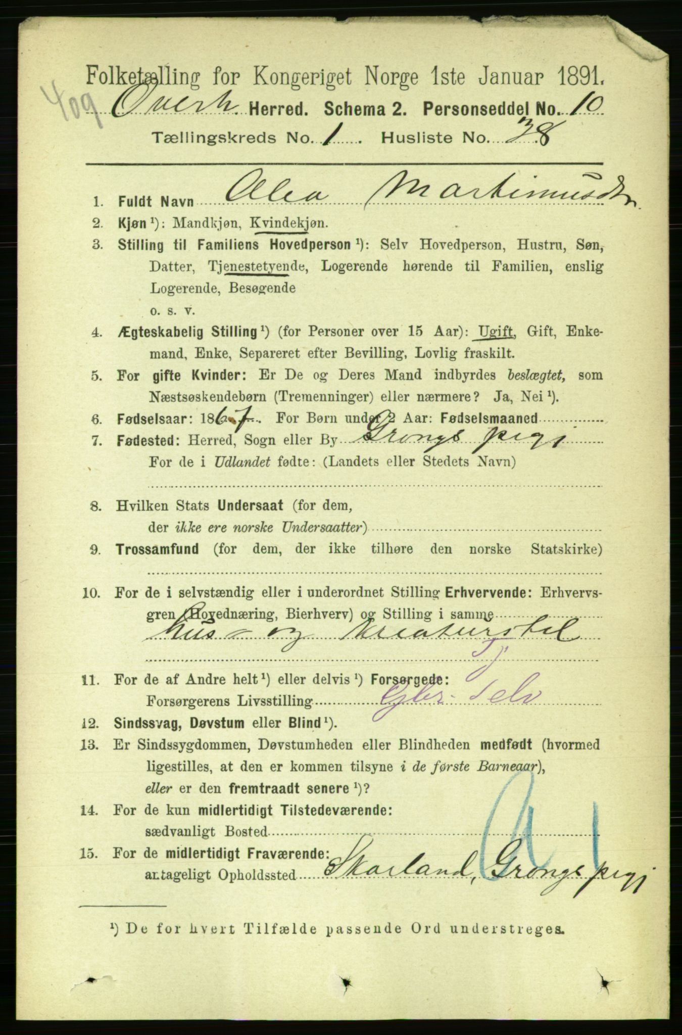 RA, 1891 census for 1744 Overhalla, 1891, p. 315