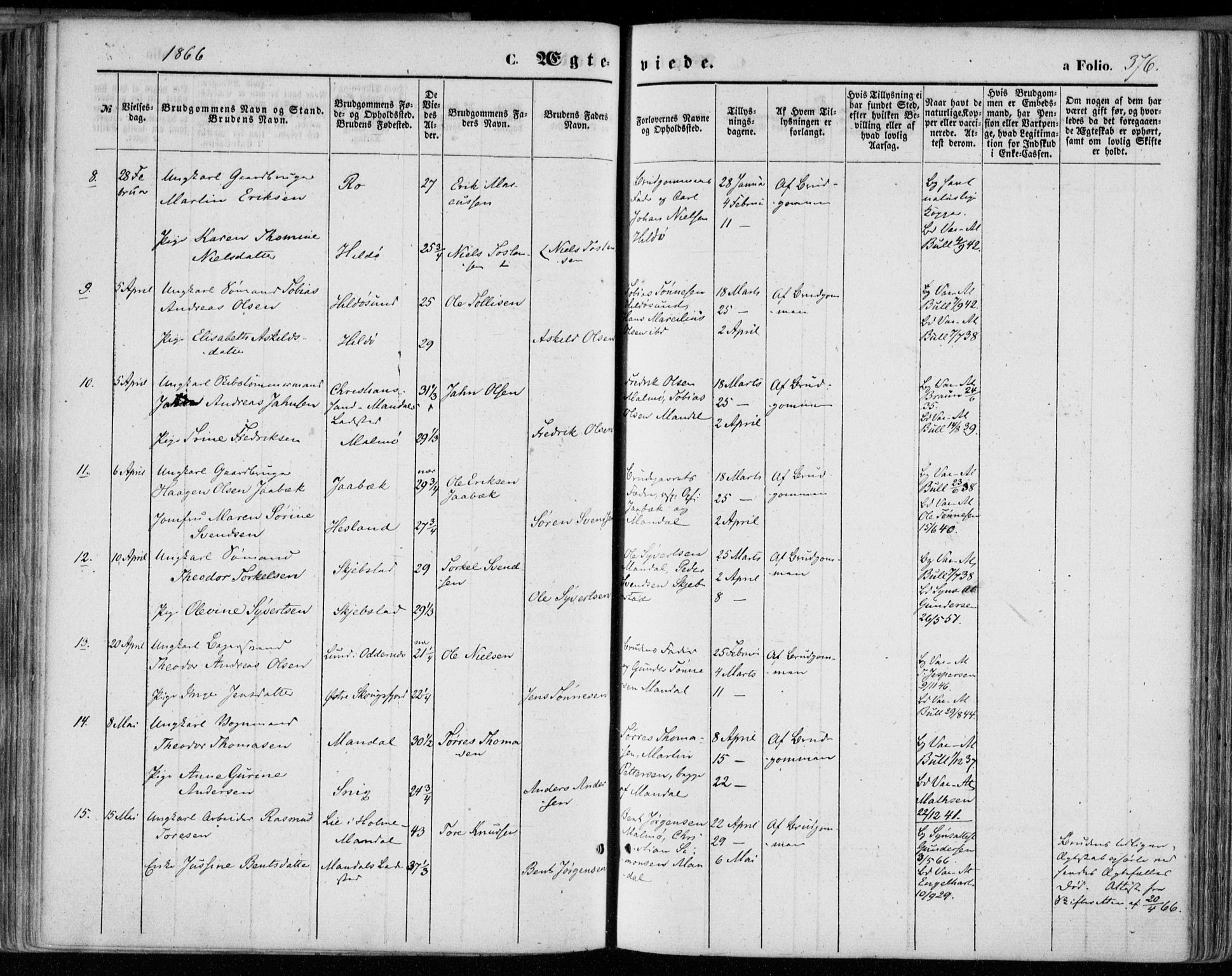 Mandal sokneprestkontor, AV/SAK-1111-0030/F/Fa/Faa/L0014: Parish register (official) no. A 14, 1859-1872, p. 376