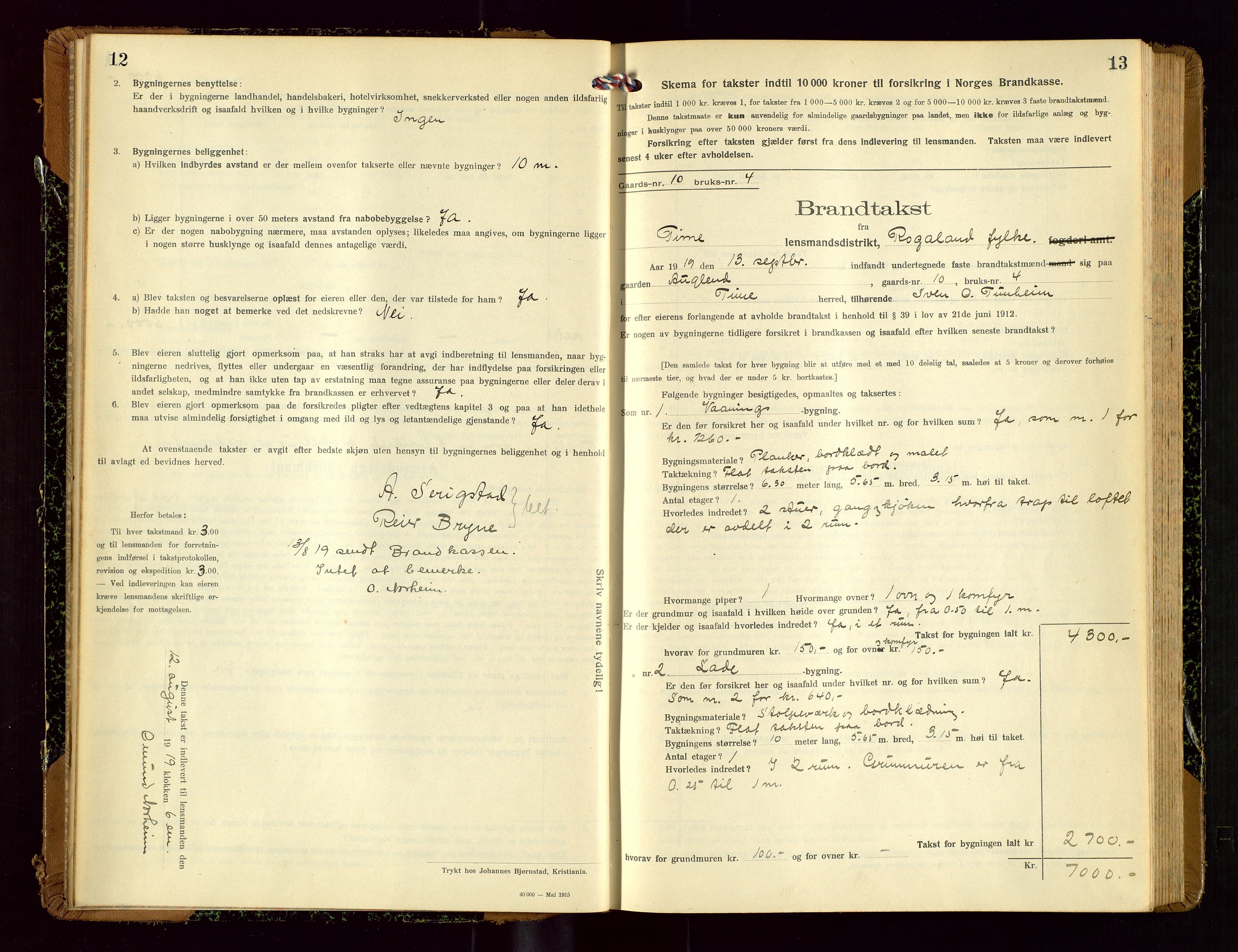 Time lensmannskontor, SAST/A-100420/Gob/L0002: Branntakstprotokoll, 1919-1952, p. 12-13