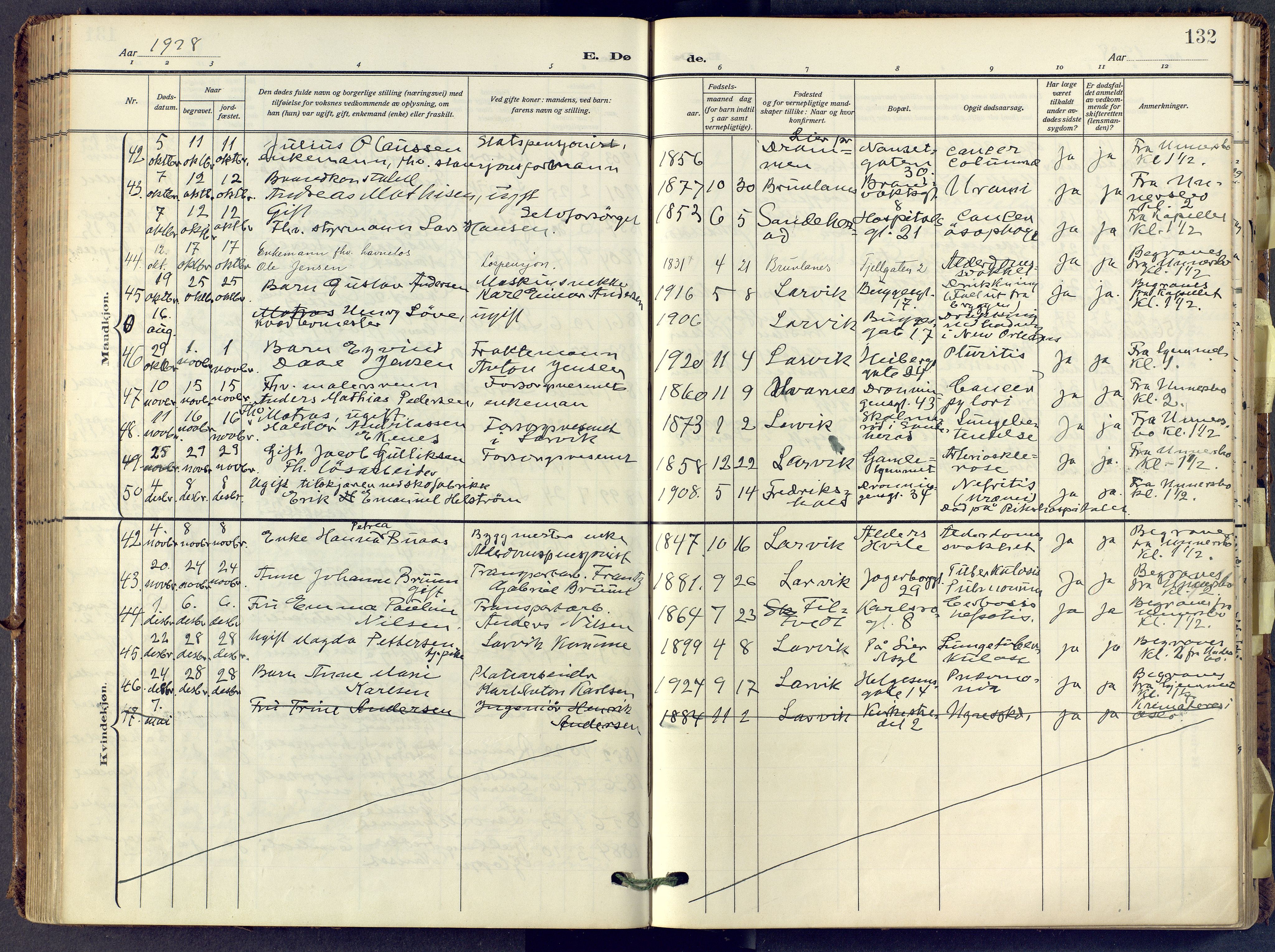 Larvik kirkebøker, AV/SAKO-A-352/F/Fa/L0013: Parish register (official) no. I 13, 1910-1960, p. 132
