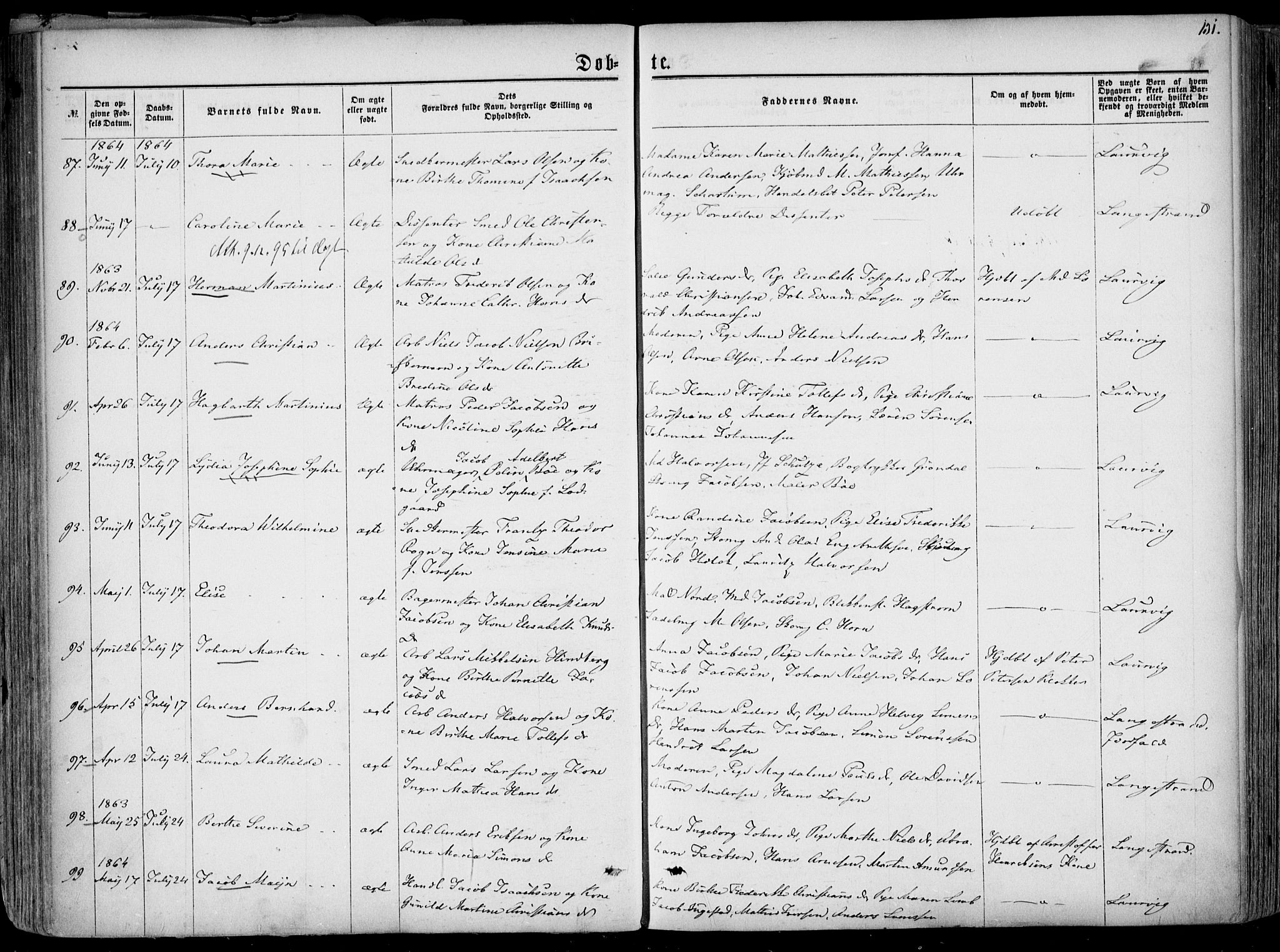 Larvik kirkebøker, AV/SAKO-A-352/F/Fa/L0004: Parish register (official) no. I 4, 1856-1870, p. 131