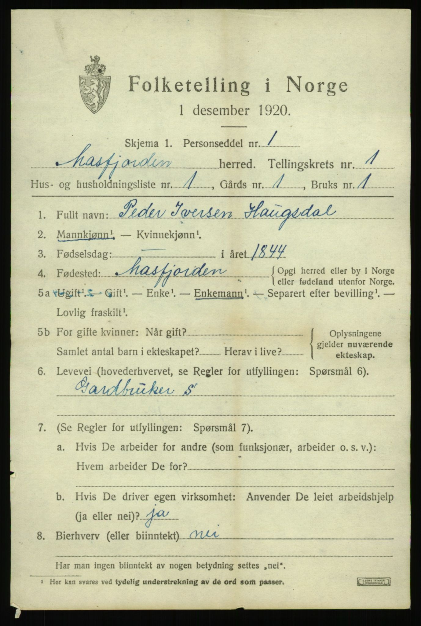 SAB, 1920 census for Masfjorden, 1920, p. 733