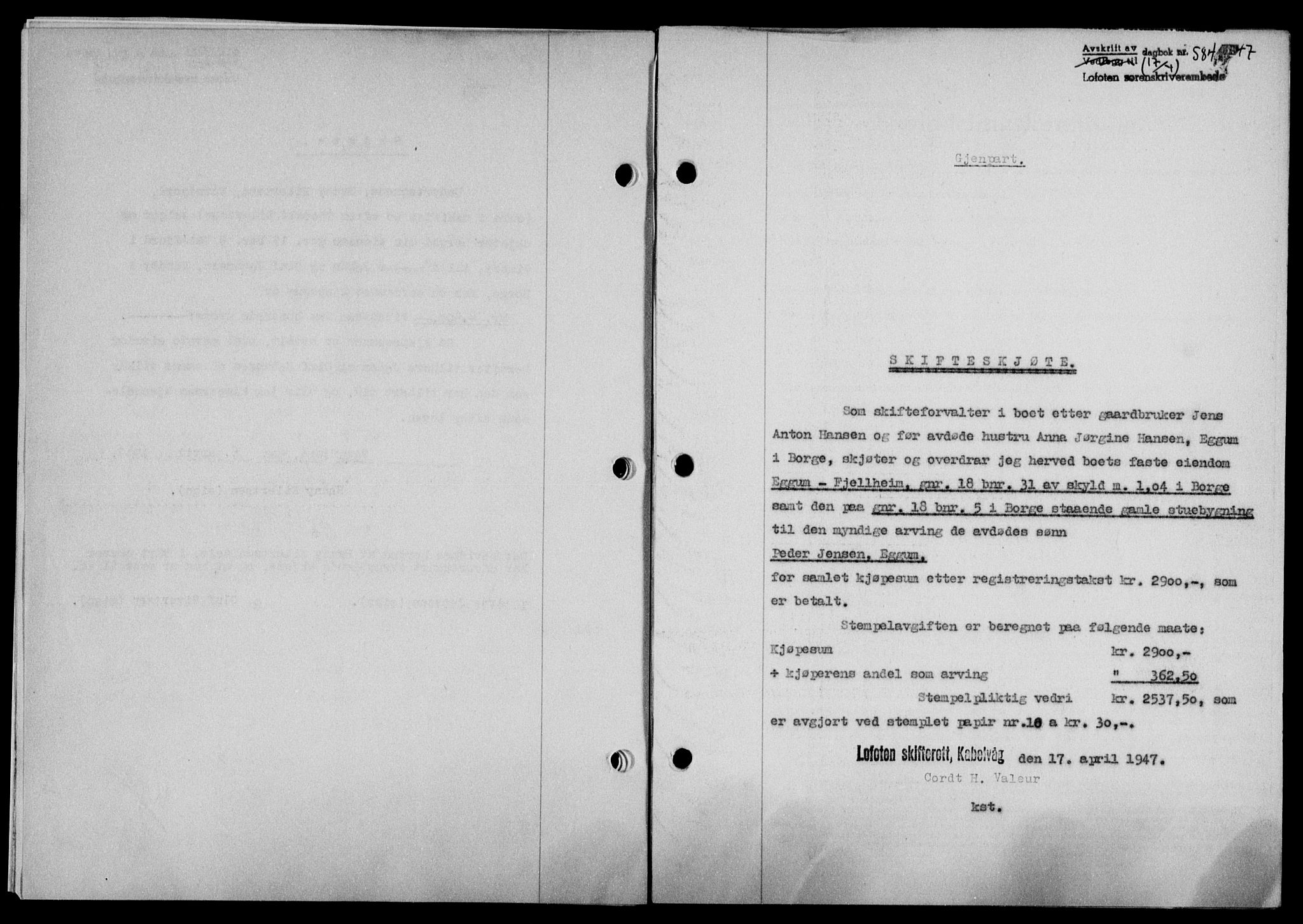 Lofoten sorenskriveri, SAT/A-0017/1/2/2C/L0015a: Mortgage book no. 15a, 1946-1947, Diary no: : 584/1947