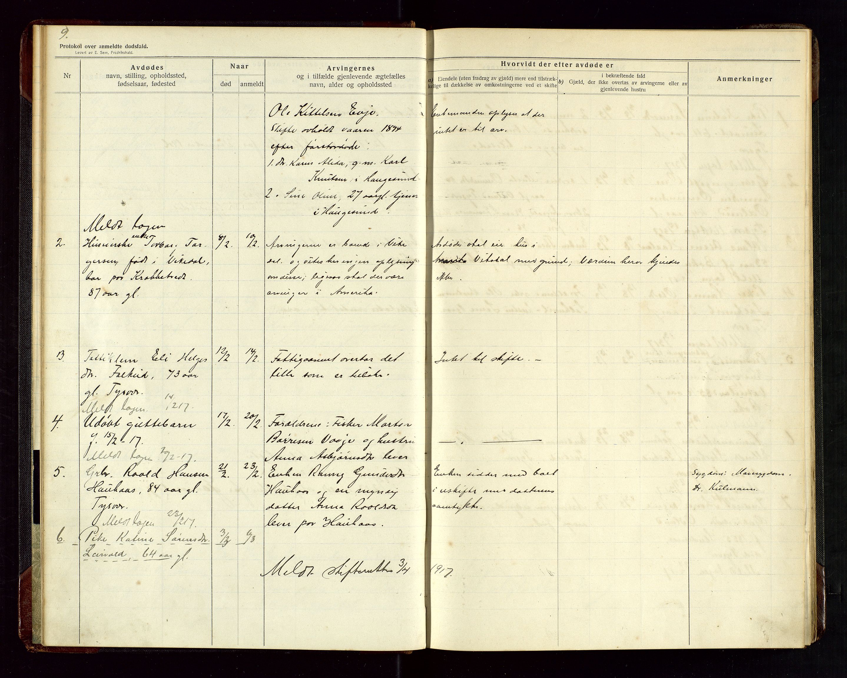 Tysvær lensmannskontor, AV/SAST-A-100192/Gga/L0003: "Protokol over anmeldte dødsfald i Tysvær" med register, 1916-1926, p. 9