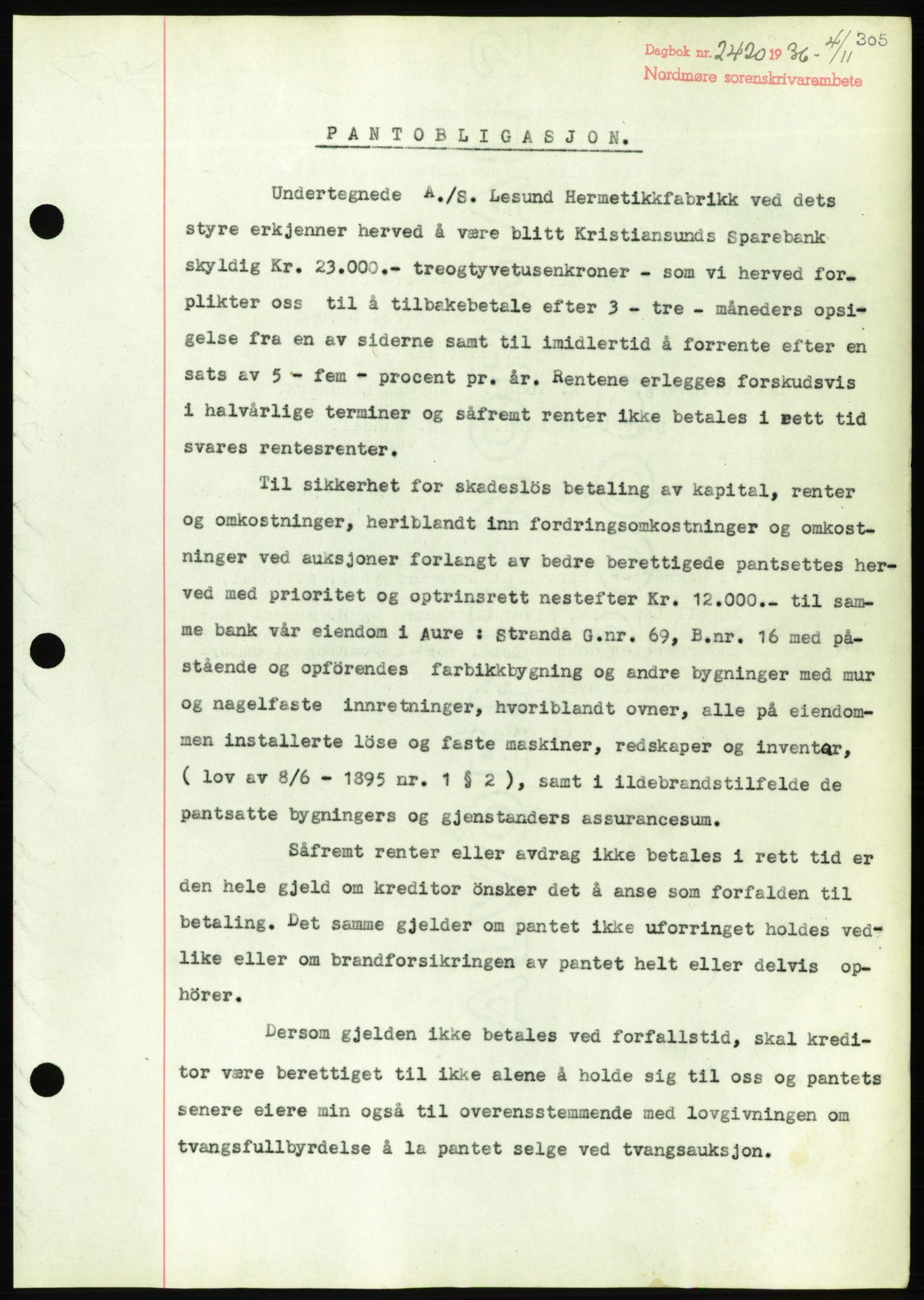 Nordmøre sorenskriveri, AV/SAT-A-4132/1/2/2Ca/L0090: Mortgage book no. B80, 1936-1937, Diary no: : 2420/1936