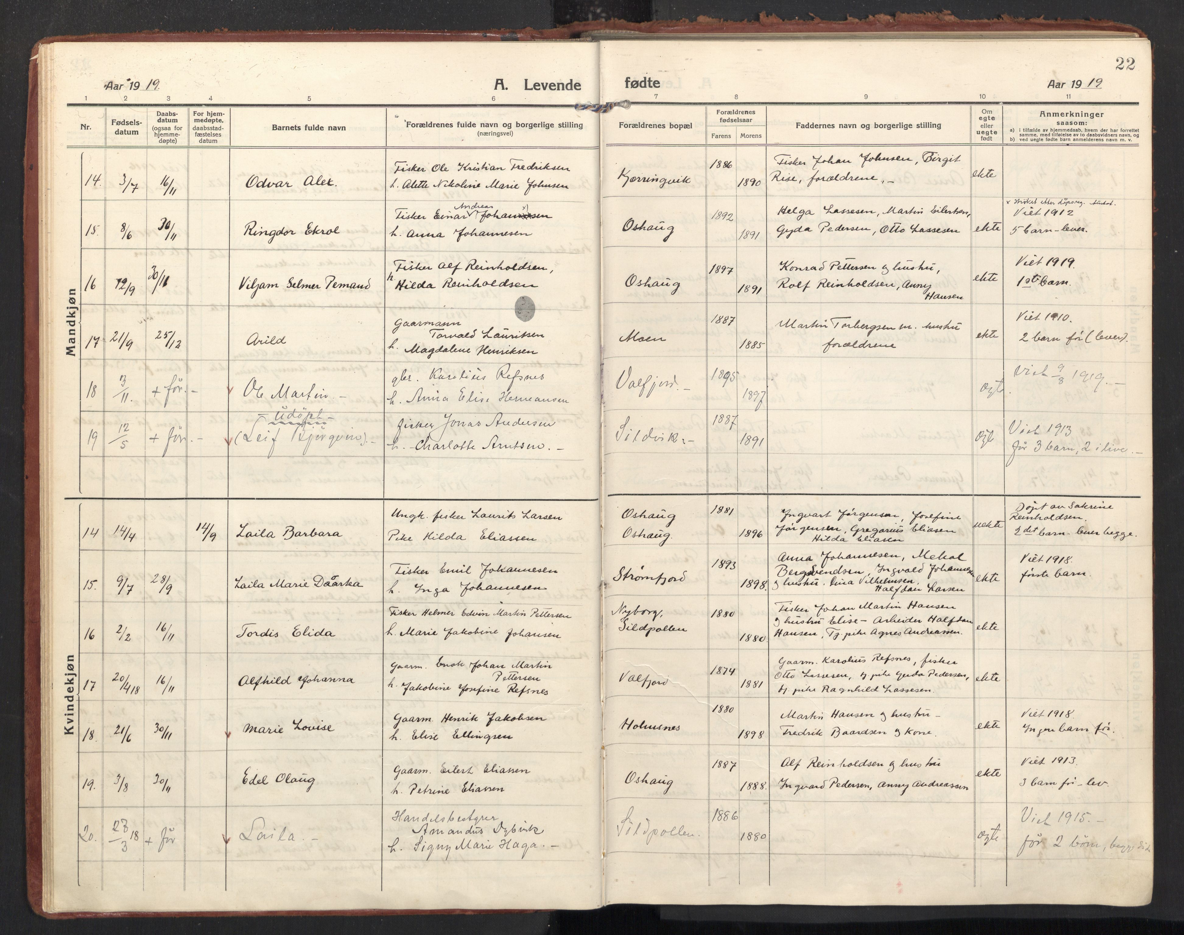 Ministerialprotokoller, klokkerbøker og fødselsregistre - Nordland, AV/SAT-A-1459/890/L1288: Parish register (official) no. 890A03, 1915-1925, p. 22