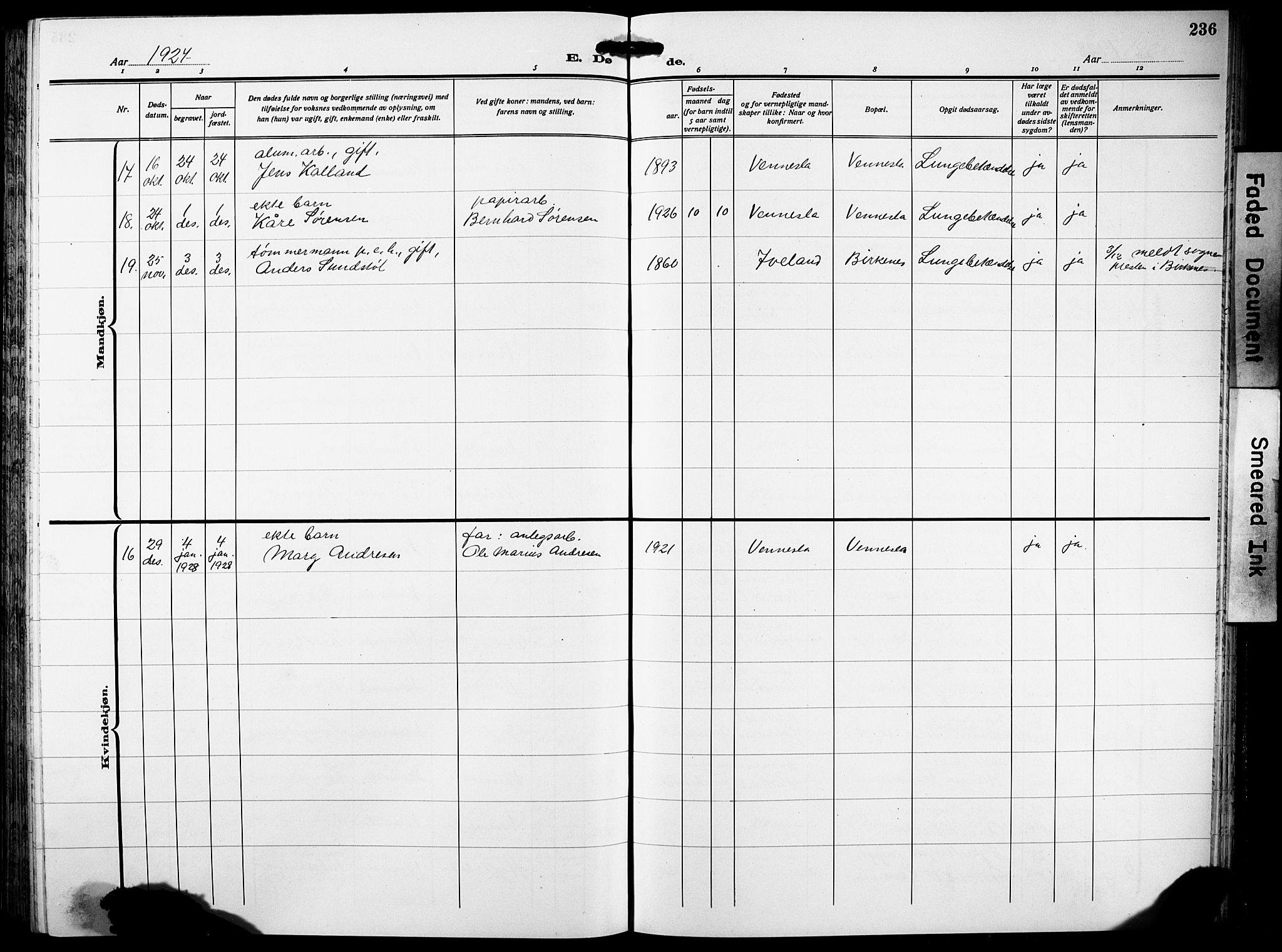 Vennesla sokneprestkontor, AV/SAK-1111-0045/Fb/Fbb/L0007: Parish register (copy) no. B 7, 1922-1933, p. 236