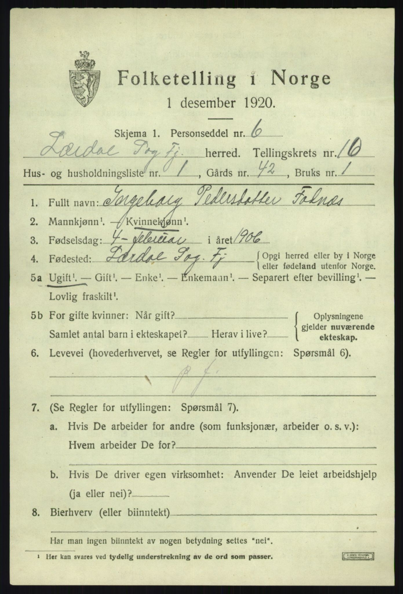 SAB, 1920 census for Lærdal, 1920, p. 4362