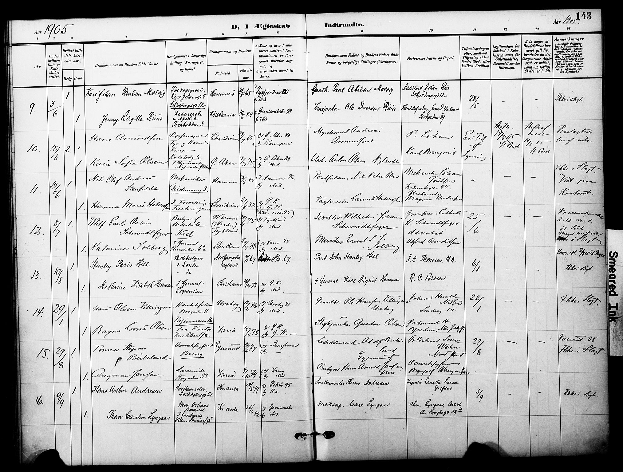 Garnisonsmenigheten Kirkebøker, SAO/A-10846/F/Fa/L0014: Parish register (official) no. 14, 1905-1914, p. 143
