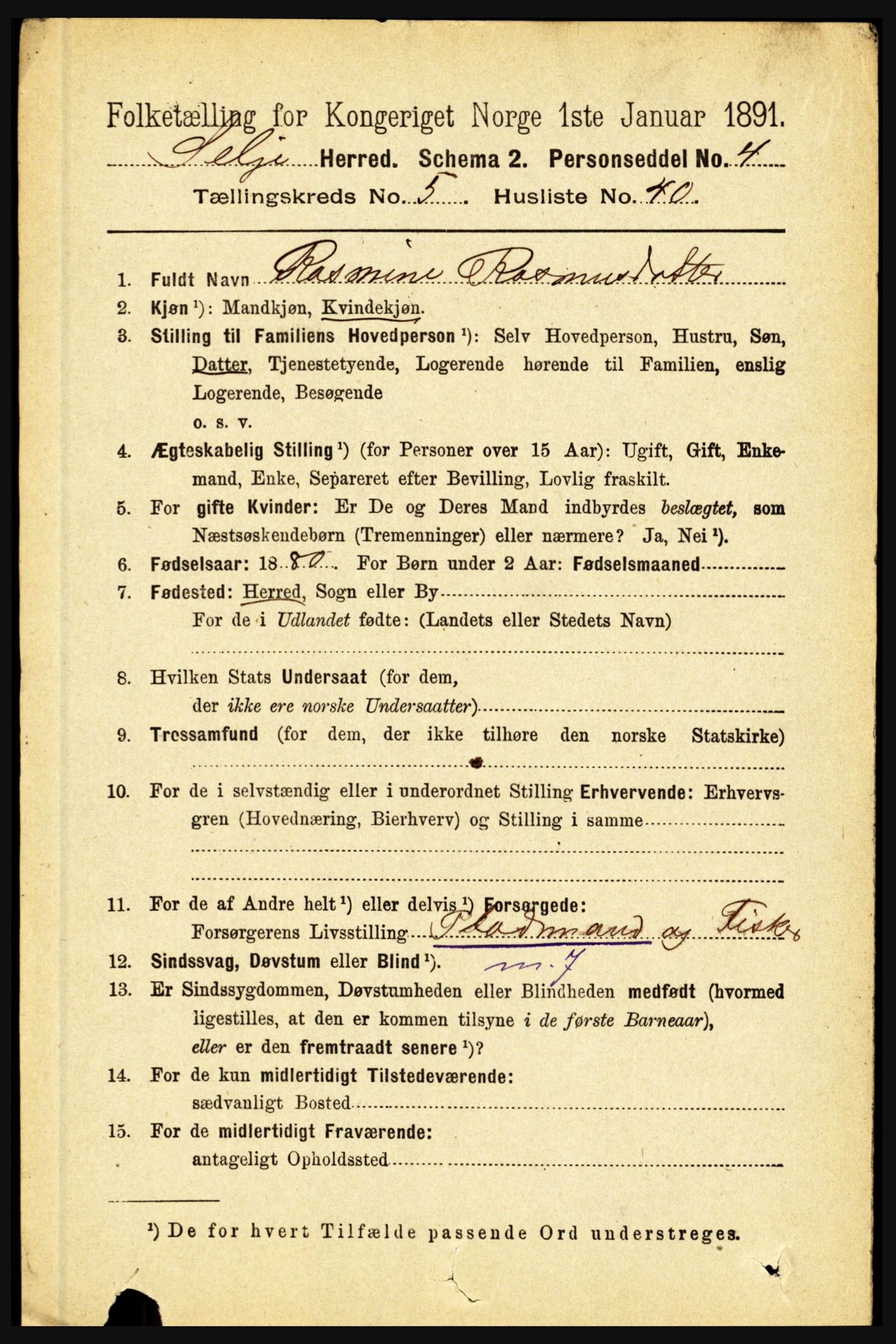 RA, 1891 census for 1441 Selje, 1891, p. 1610