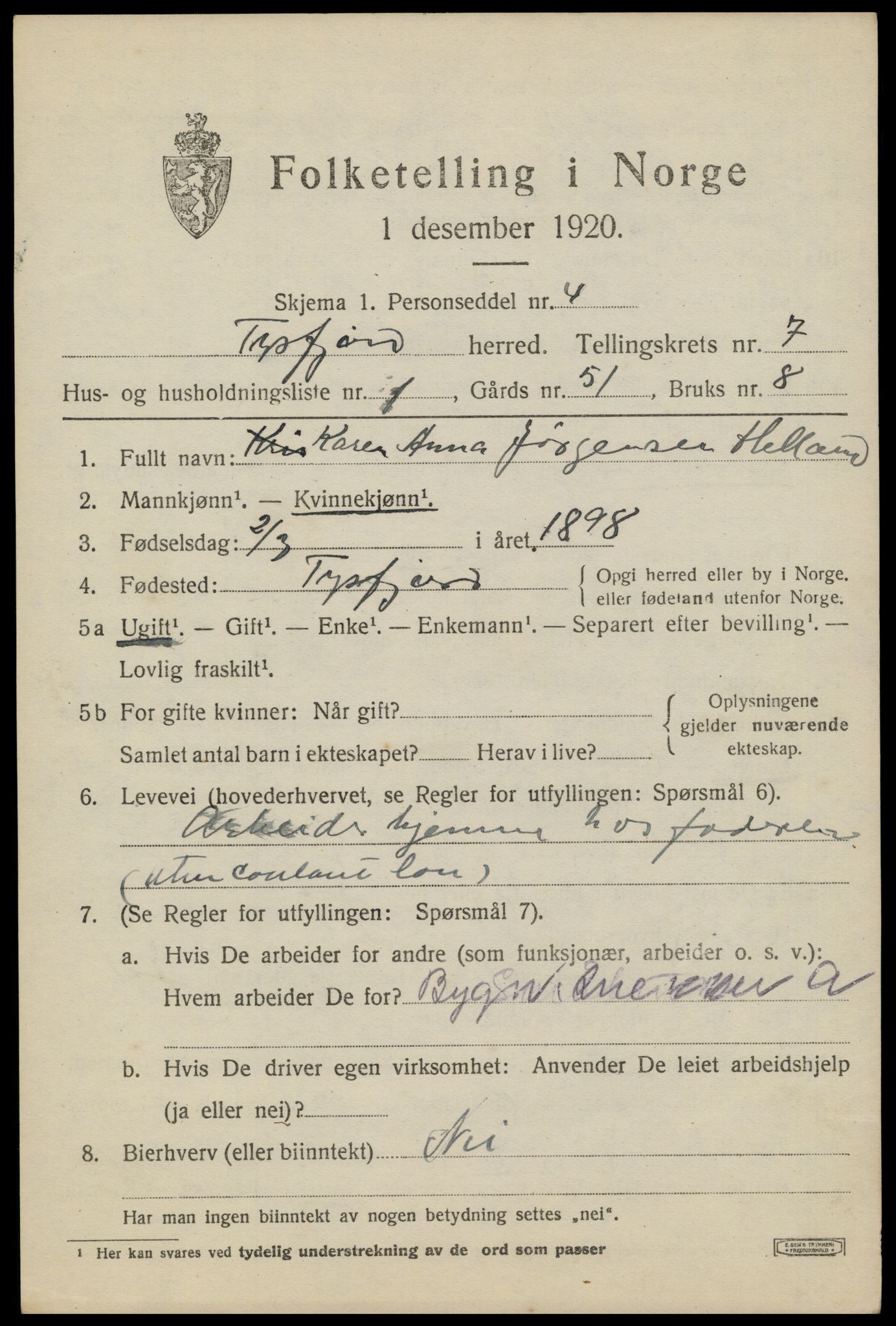 SAT, 1920 census for Tysfjord, 1920, p. 5151