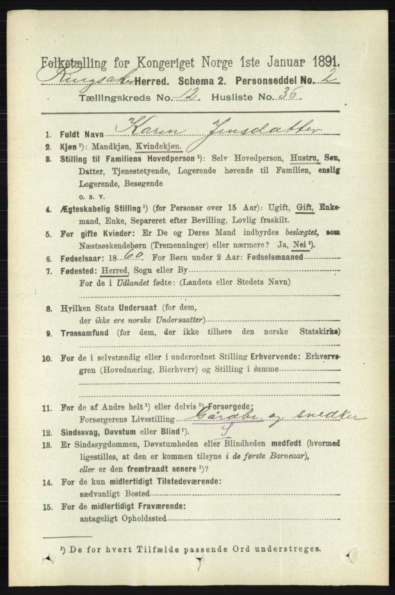 RA, 1891 census for 0412 Ringsaker, 1891, p. 6949