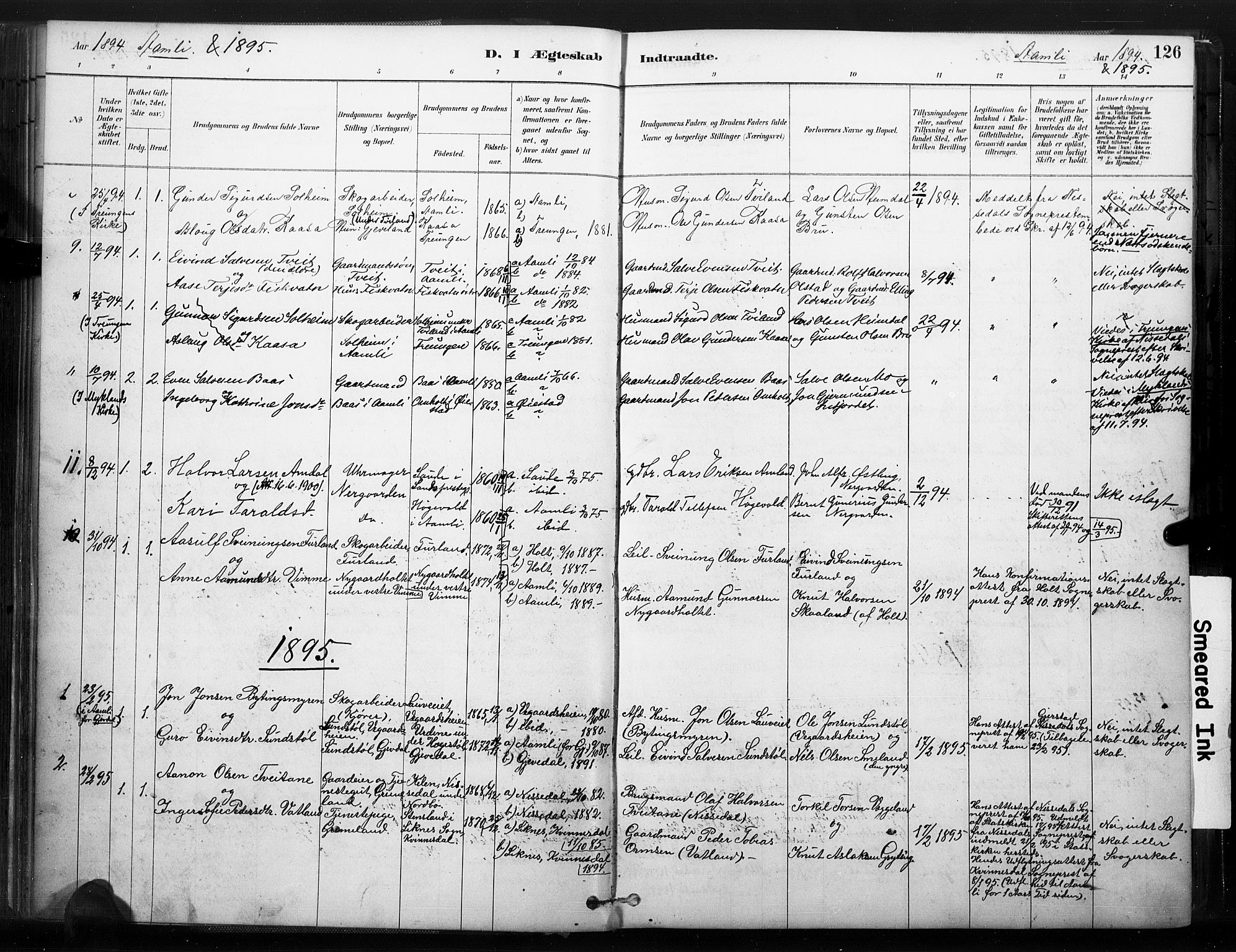 Åmli sokneprestkontor, SAK/1111-0050/F/Fa/Fac/L0010: Parish register (official) no. A 10 /1, 1885-1899, p. 126