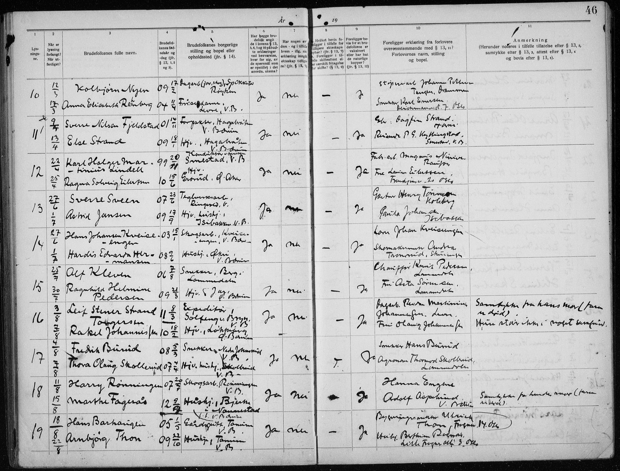 Vestre Bærum prestekontor Kirkebøker, SAO/A-10209a/H/L0001: Banns register no. 1, 1919-1941, p. 46