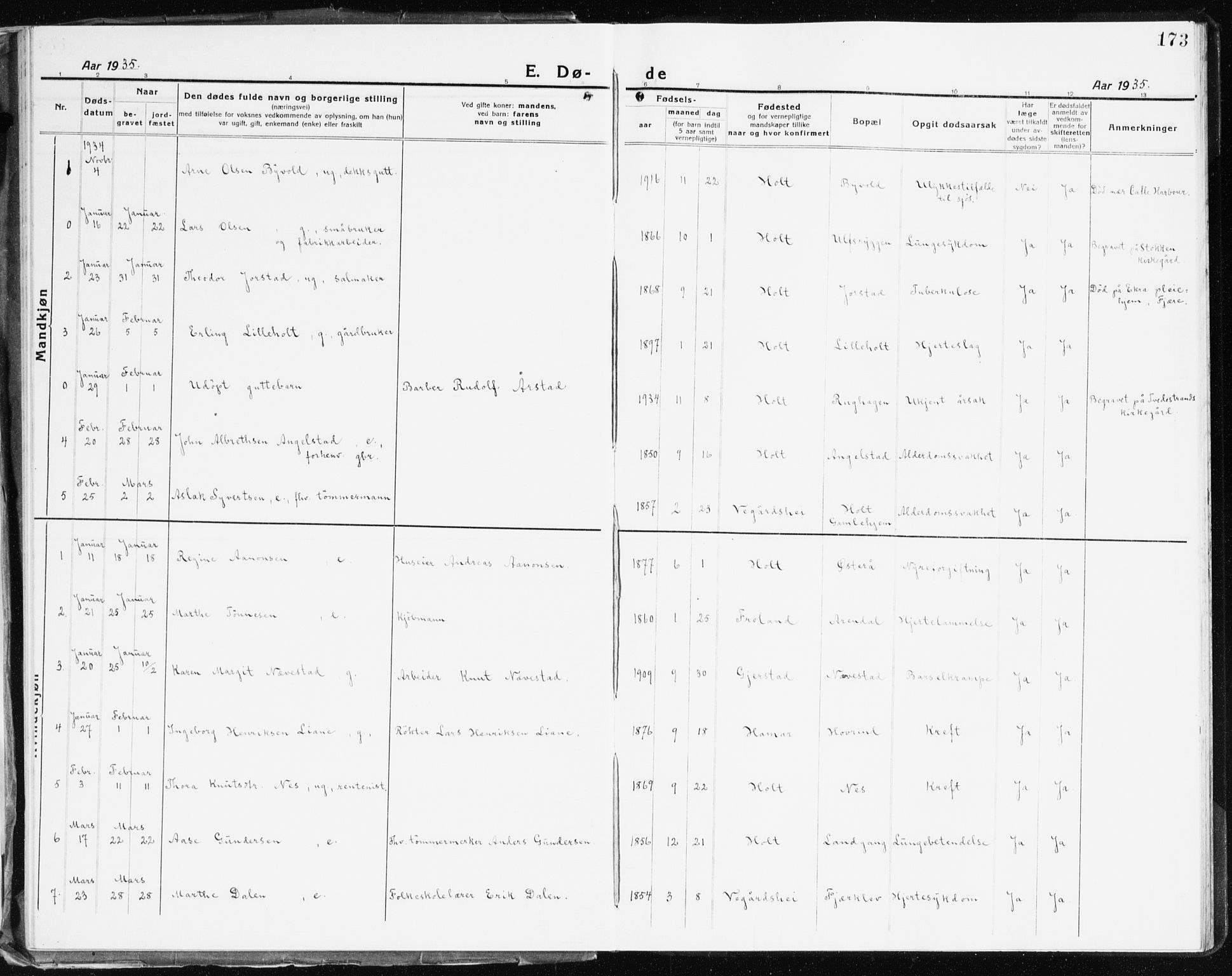 Holt sokneprestkontor, AV/SAK-1111-0021/F/Fb/L0012: Parish register (copy) no. B 12, 1919-1944, p. 173