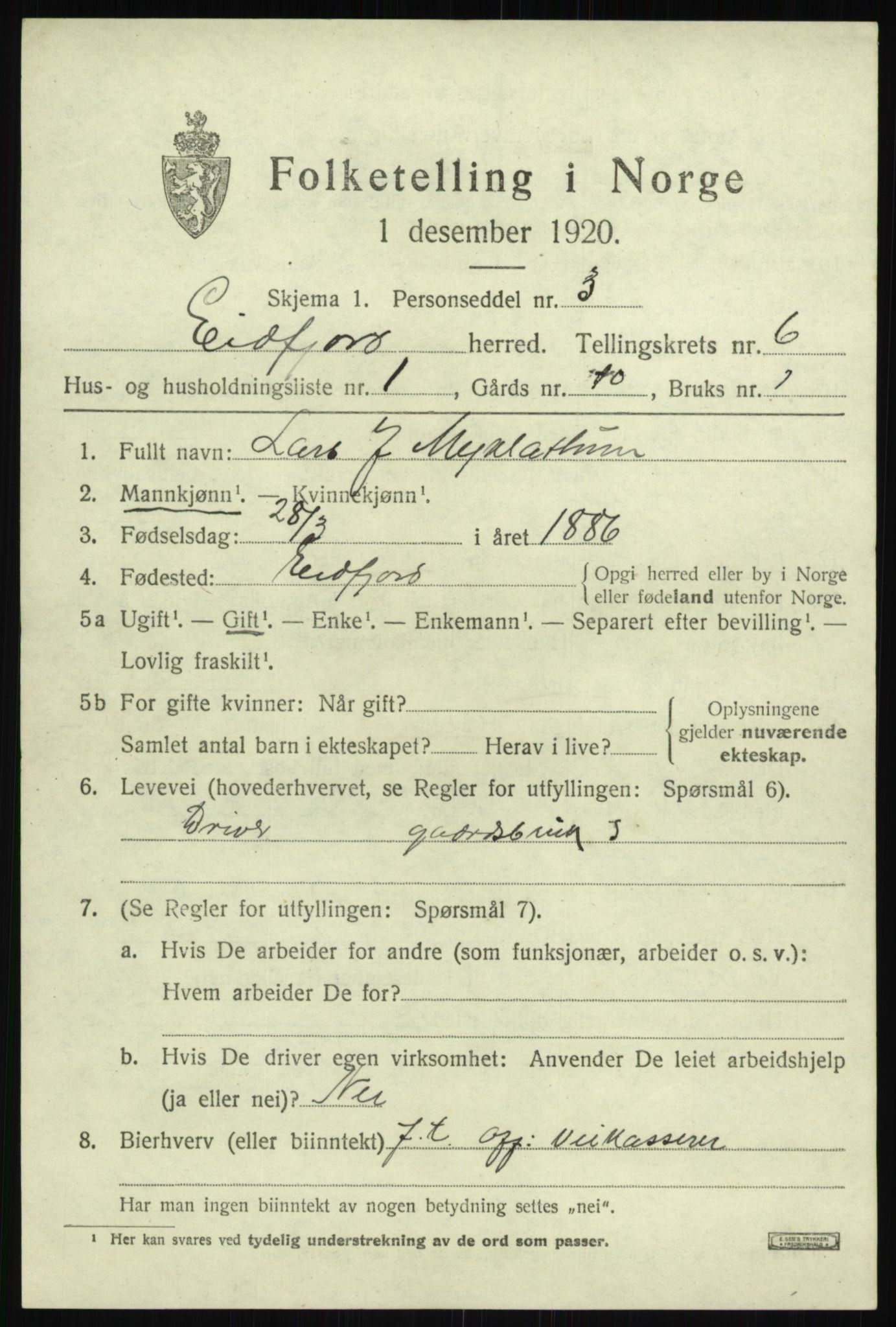 SAB, 1920 census for Eidfjord, 1920, p. 1924