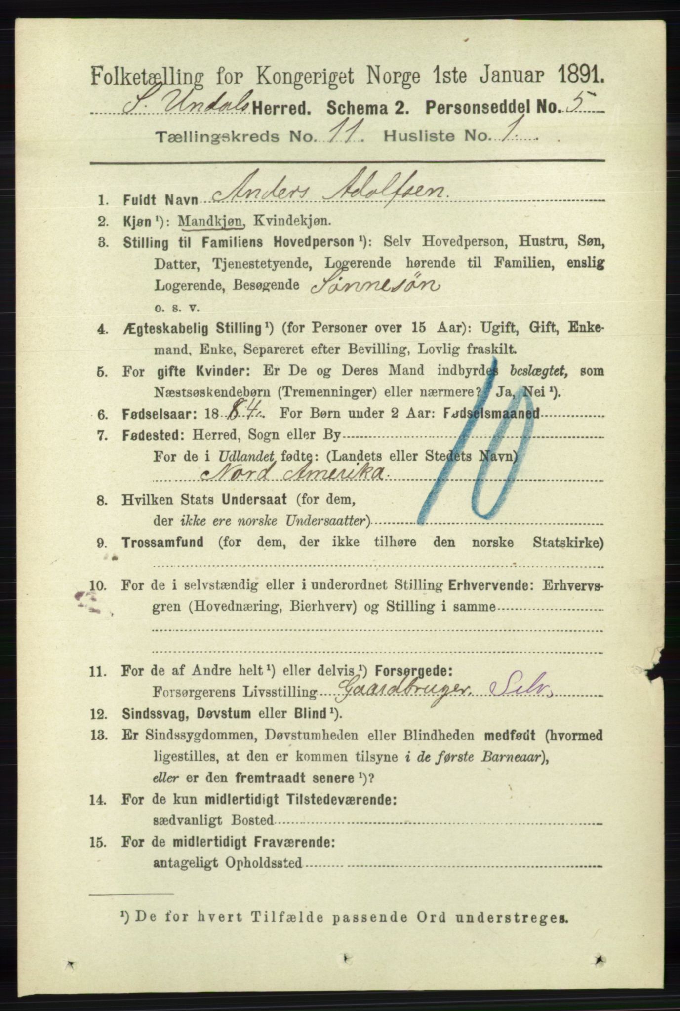 RA, 1891 census for 1029 Sør-Audnedal, 1891, p. 5134