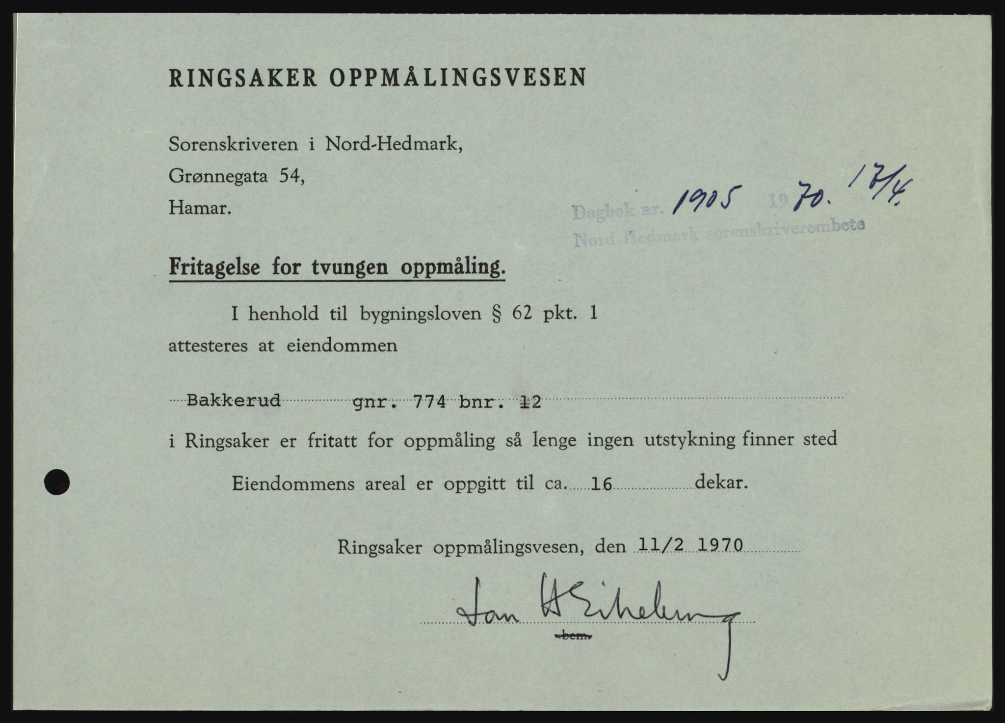 Nord-Hedmark sorenskriveri, SAH/TING-012/H/Hc/L0033: Mortgage book no. 33, 1970-1970, Diary no: : 1905/1970
