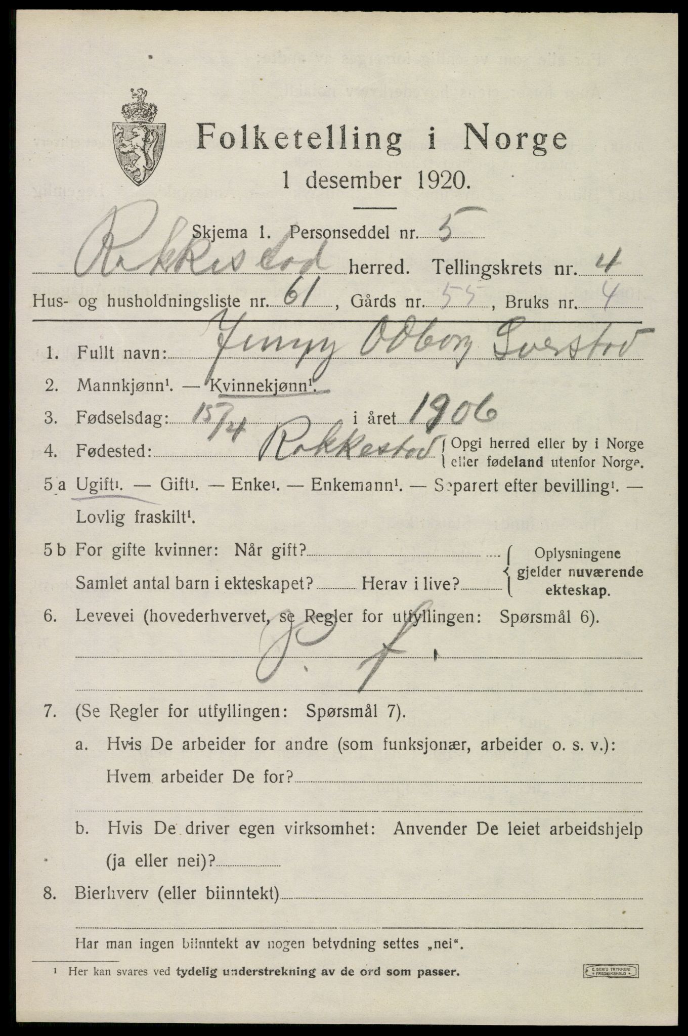 SAO, 1920 census for Rakkestad, 1920, p. 6003