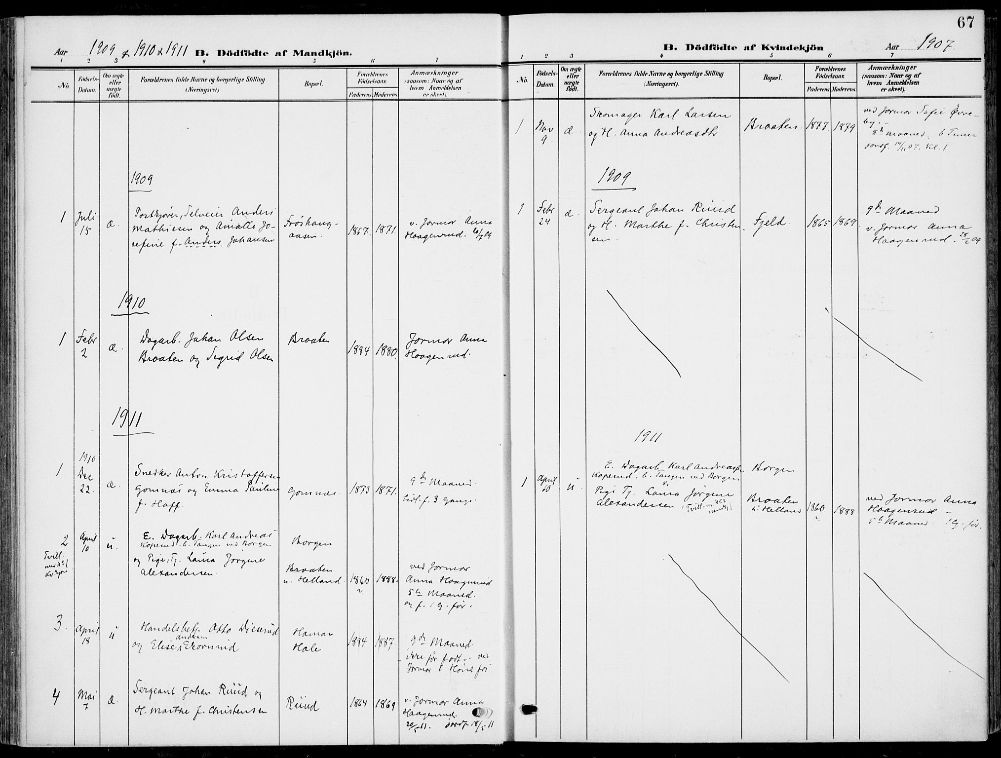 Hole kirkebøker, SAKO/A-228/F/Fa/L0010: Parish register (official) no. I 10, 1907-1917, p. 67