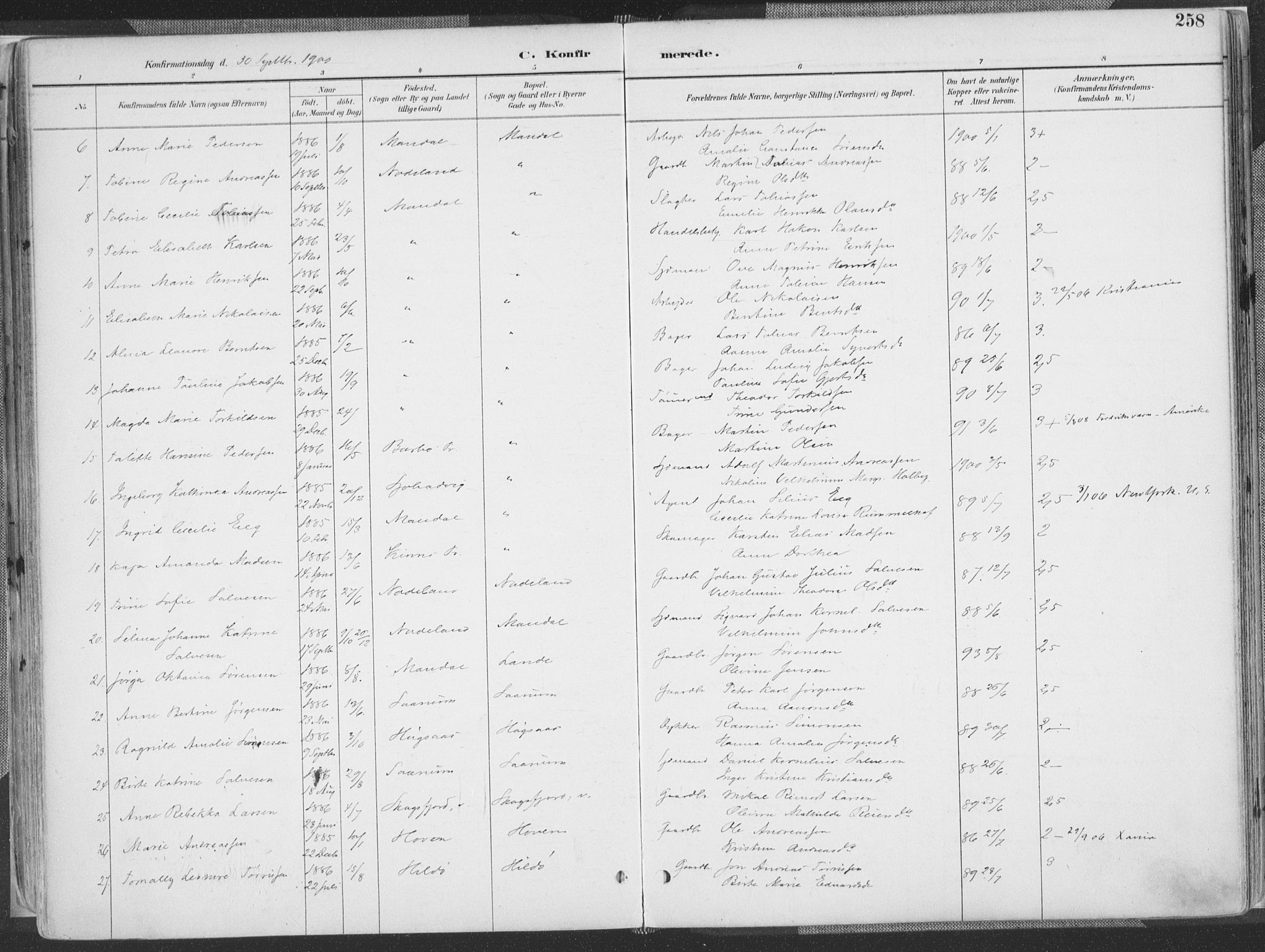 Mandal sokneprestkontor, AV/SAK-1111-0030/F/Fa/Faa/L0018: Parish register (official) no. A 18, 1890-1905, p. 258