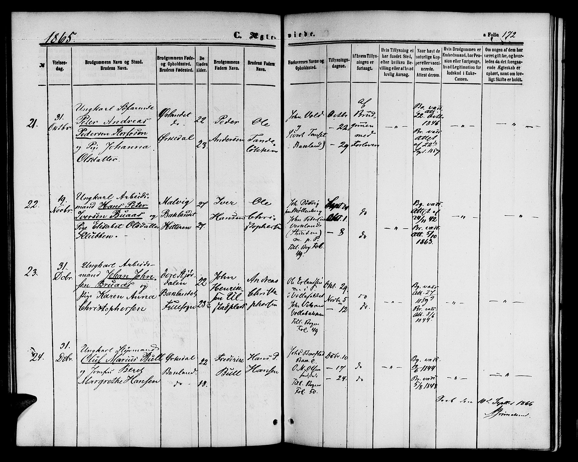 Ministerialprotokoller, klokkerbøker og fødselsregistre - Sør-Trøndelag, SAT/A-1456/604/L0185: Parish register (official) no. 604A06, 1861-1865, p. 172