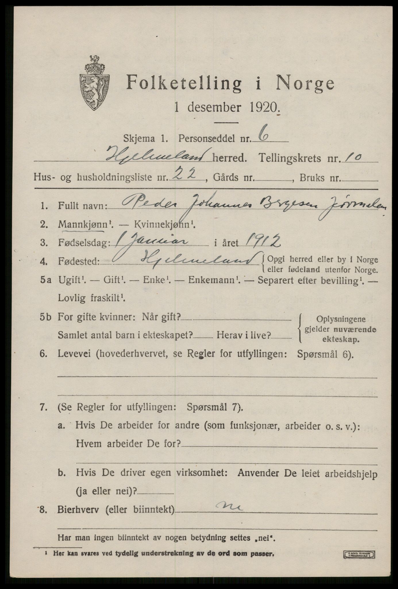 SAST, 1920 census for Hjelmeland, 1920, p. 3367