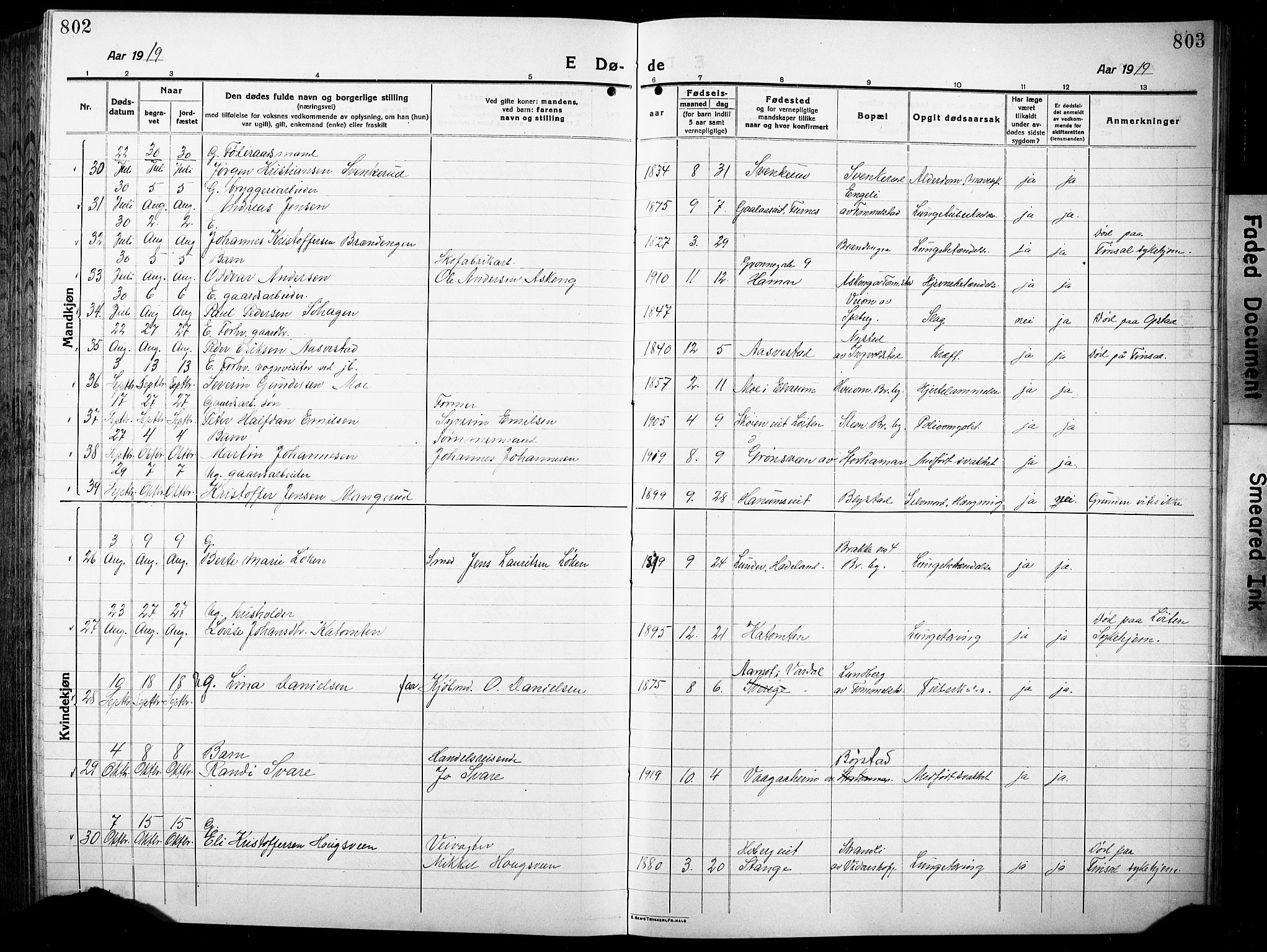 Vang prestekontor, Hedmark, SAH/PREST-008/H/Ha/Hab/L0015: Parish register (copy) no. 15, 1915-1933, p. 802-803