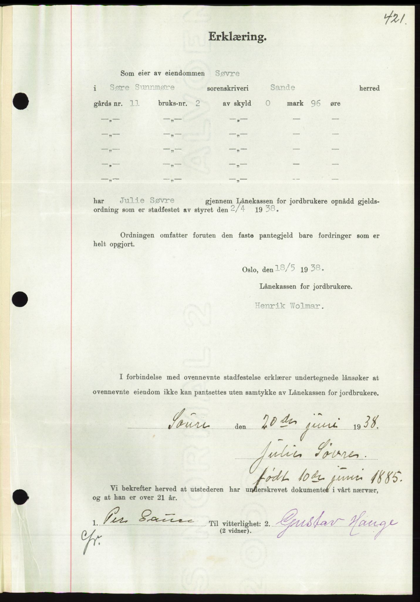 Søre Sunnmøre sorenskriveri, AV/SAT-A-4122/1/2/2C/L0065: Mortgage book no. 59, 1938-1938, Diary no: : 868/1938